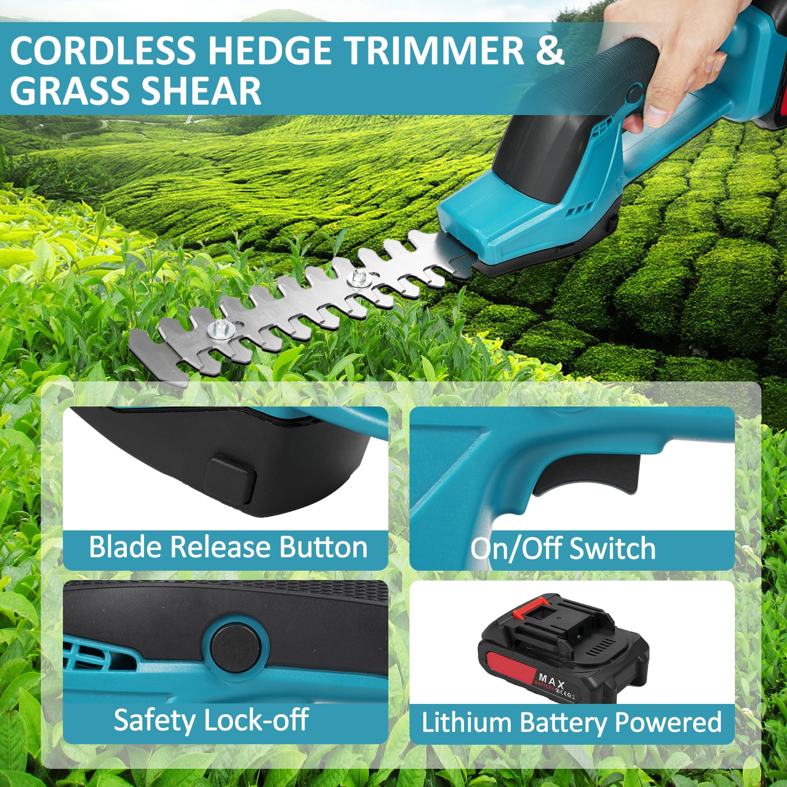 Aofesel Elektrische heggenschaar en accu-grastrimmer 24 V, draagbaar, draadloos, 2x 1,5 Ah lithium-ion-accu's en oplader, 90 graden verstelbaar