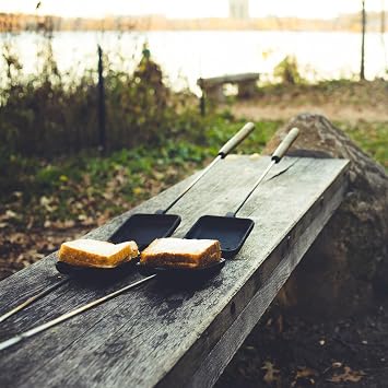 ROME Square Cast Iron Pie Iron Sandwich Cooker For Campfire Fire Pit and BBQ Use, Original Iconic Design, 28 Long With Steel Rods and Wood Handles #1705 | camping-kitchen-equipment