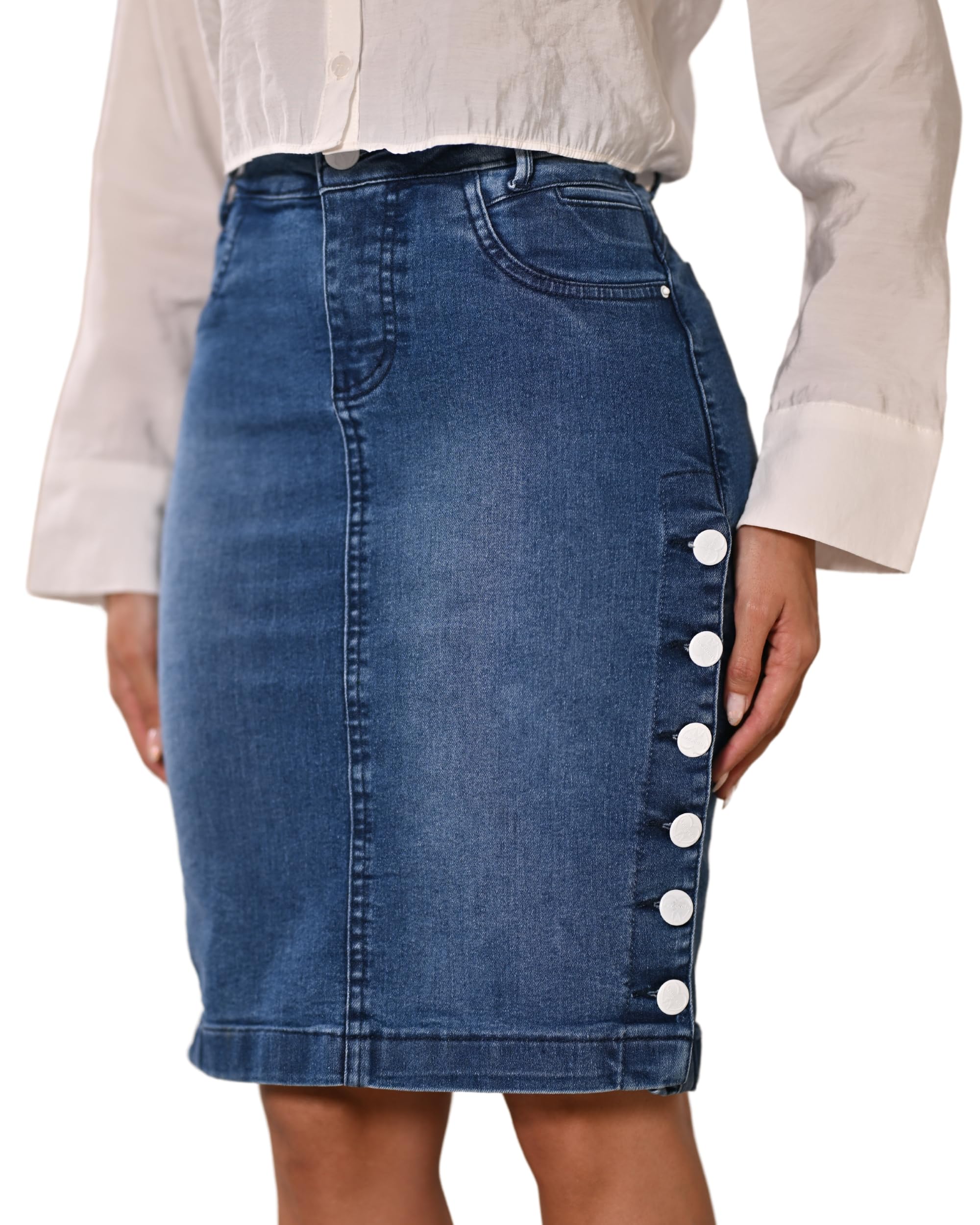 Anagrom Women's Knee Length Denim Skirt High Stretch Regular and Plus Size