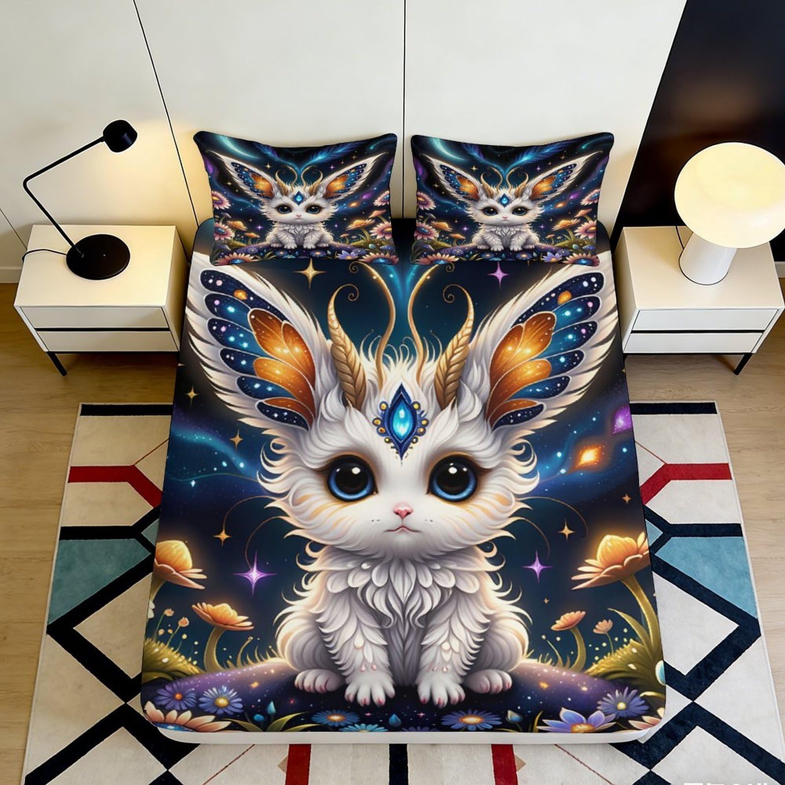 3D Printed Fantasy Rabbit Fitted Sheet Microfiber Soft Breathable Cosmic Night Bed Sheet for Bedroom Dormitory Guest Room Mattress Protection Decor 90x200x25cm
