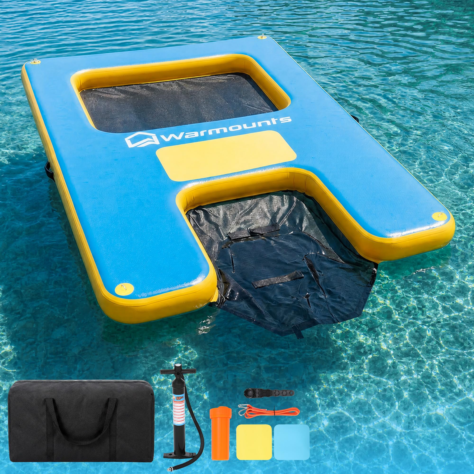 WARMOUNTS Aufblasbare Schwimminsel mit Hunderampe & Wasserhängematte, rutschfeste Schwimmplattform für See Pool Meer, Badeinsel für Erwachsene & Hunde (300x180cm, 340kg) inkl. Pumpe & Tasche