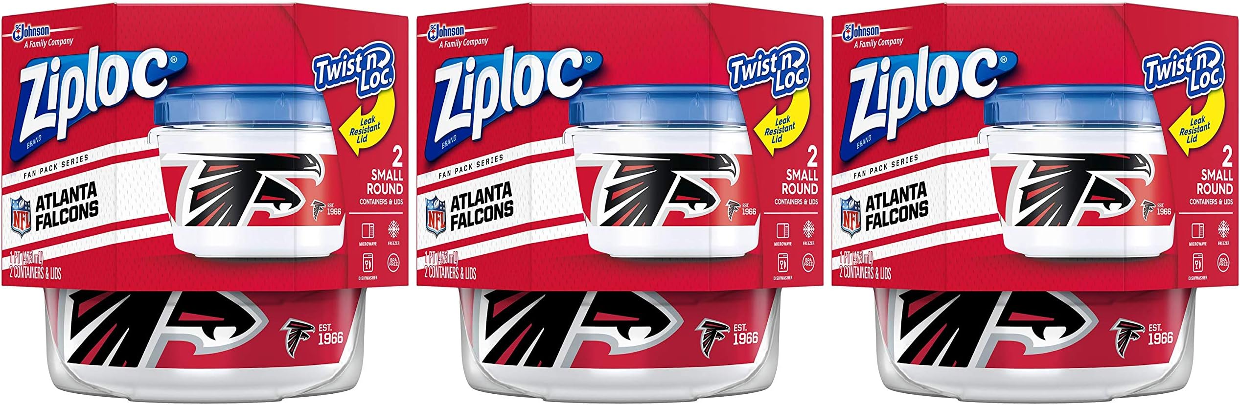 Ziploc Twist 'n Loc Containers for Food Storage and Meal Prep, Small, 2 Count, Pack of 3 (6 Total Containers), NFL Atlanta Falcons