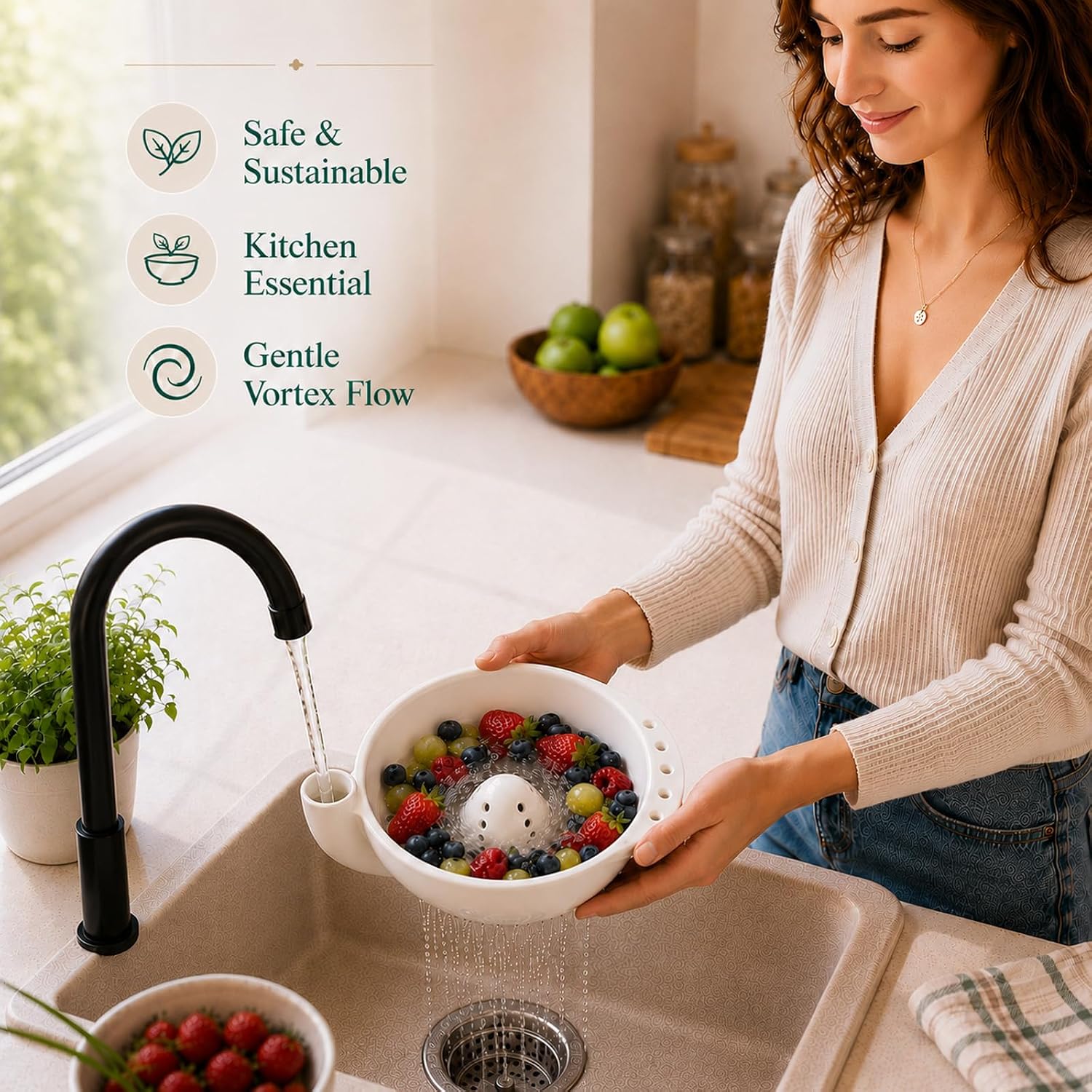 Berry Washing Bowl, Swirling Ceramic Berry Basket with Hole 7"