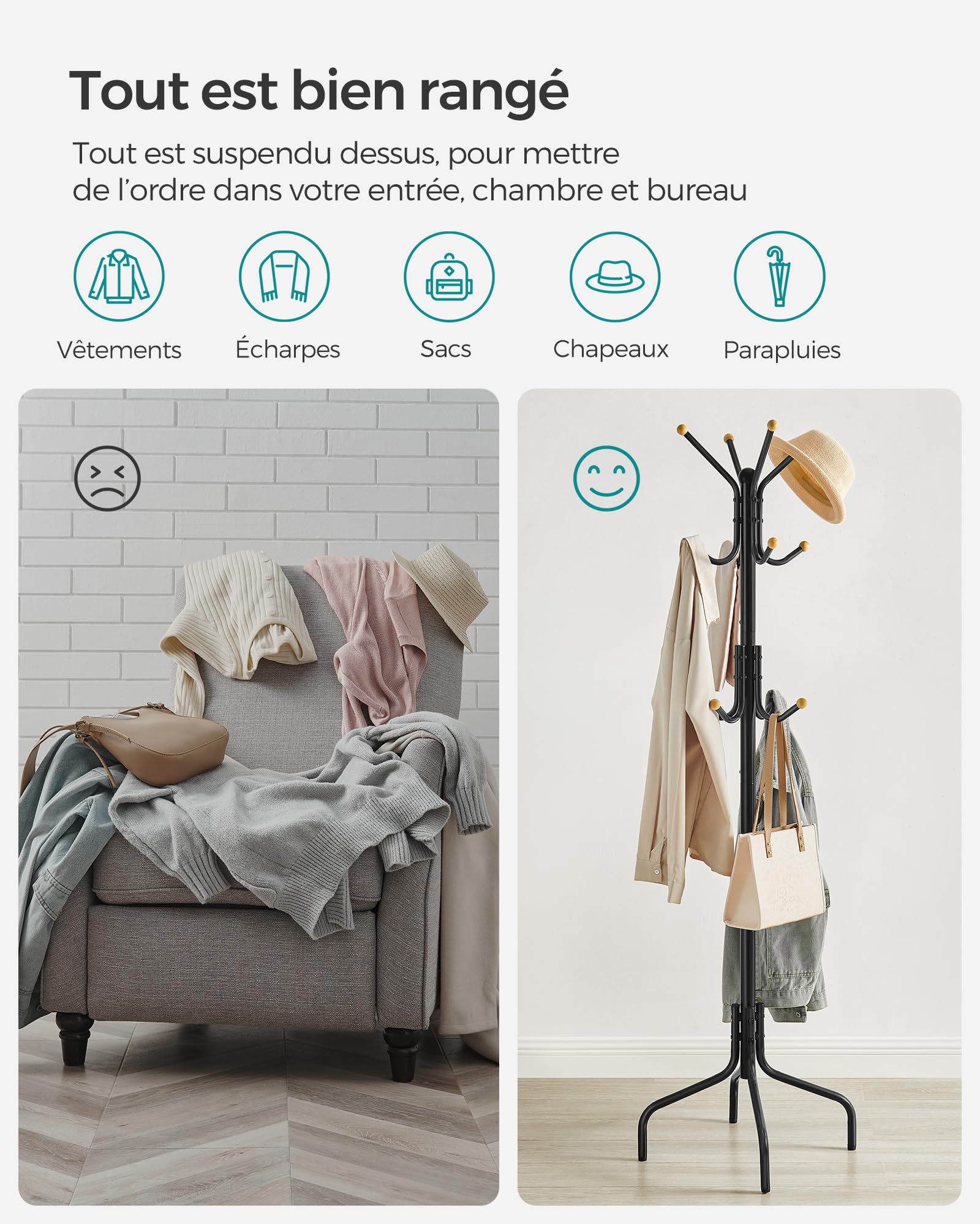 SONGMICS Porte-manteau sur Pieds, avec 12 Crochets, 4 Pieds, pour Manteaux, Chapeaux, Sacs, pour Entrée, Chambre, Bureau, Noir RCR031B01