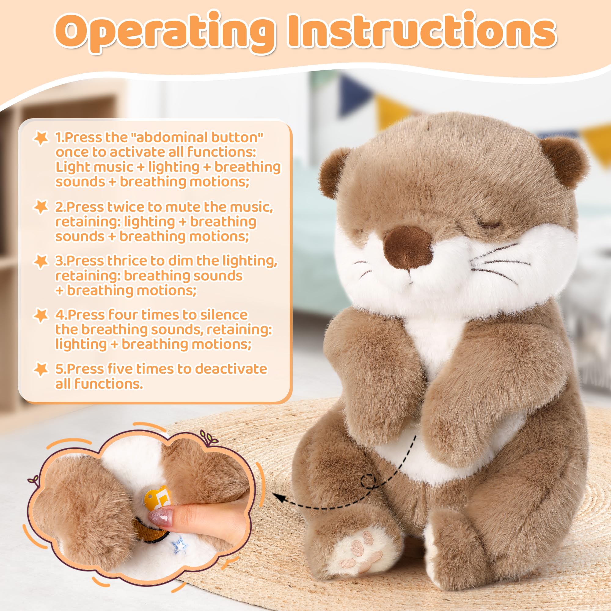 Peluche Nutria con Respiración Simulada, Luz Nocturna y Música Relajante – Muñeco Sensorial para Dormir, Alivia la Ansiedad en Bebés y Adultos (Nutria Bebé)