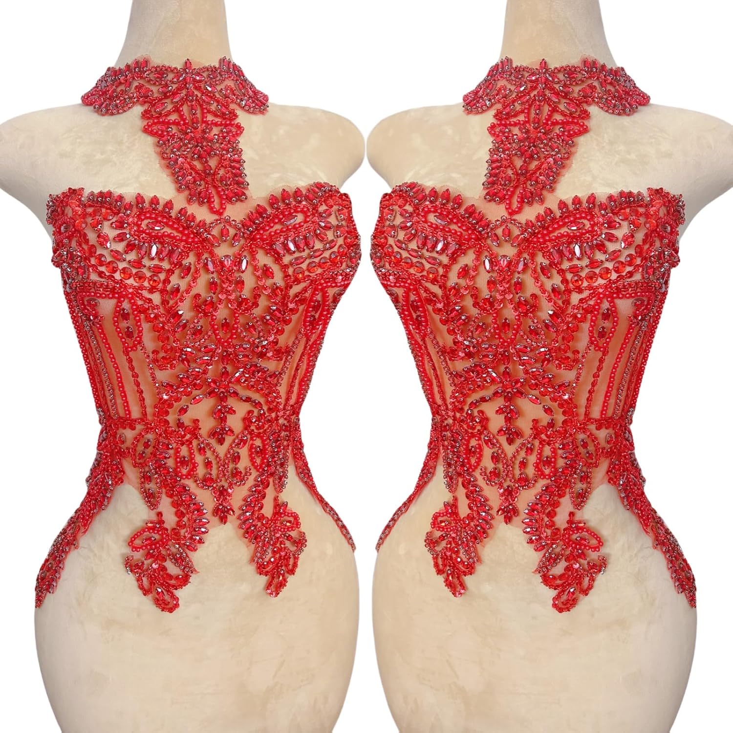 Luxury Wedding Dress Appliques - Lace with Rhinestones & Crystal Grab Diamonds, Sparkling Embellishments for Bridal Gowns & Bodycon Dresses, Handmade Heavy Embroidery Decorations (Red)