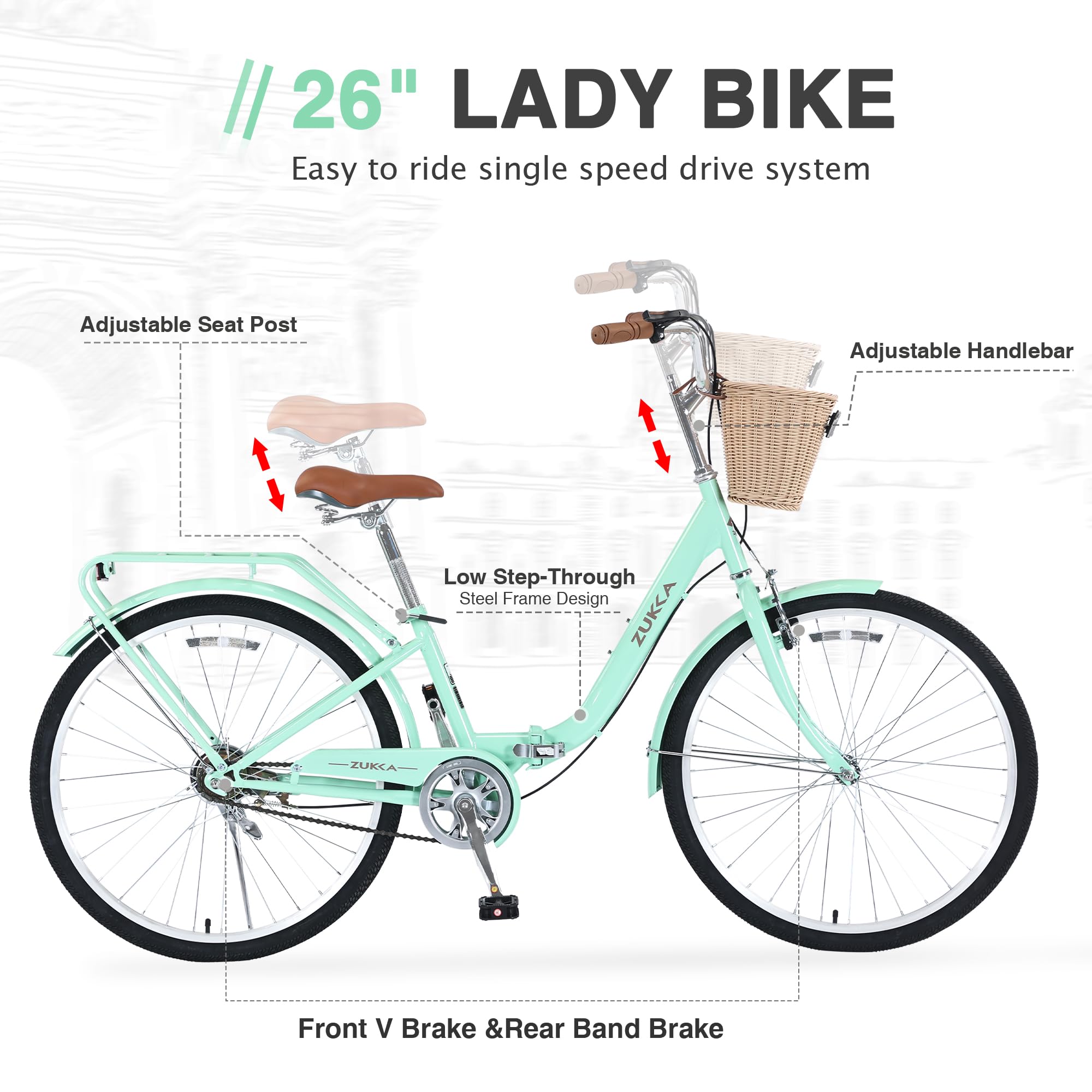ZUKKA Beach Cruiser Bike for Women 24/26 Inch Folding Cruiser Bike Single Speed Complete Cruiser Bikes with Front V Brake & Rear Band Brake City Bike for Women, Men, Multiple Colors
