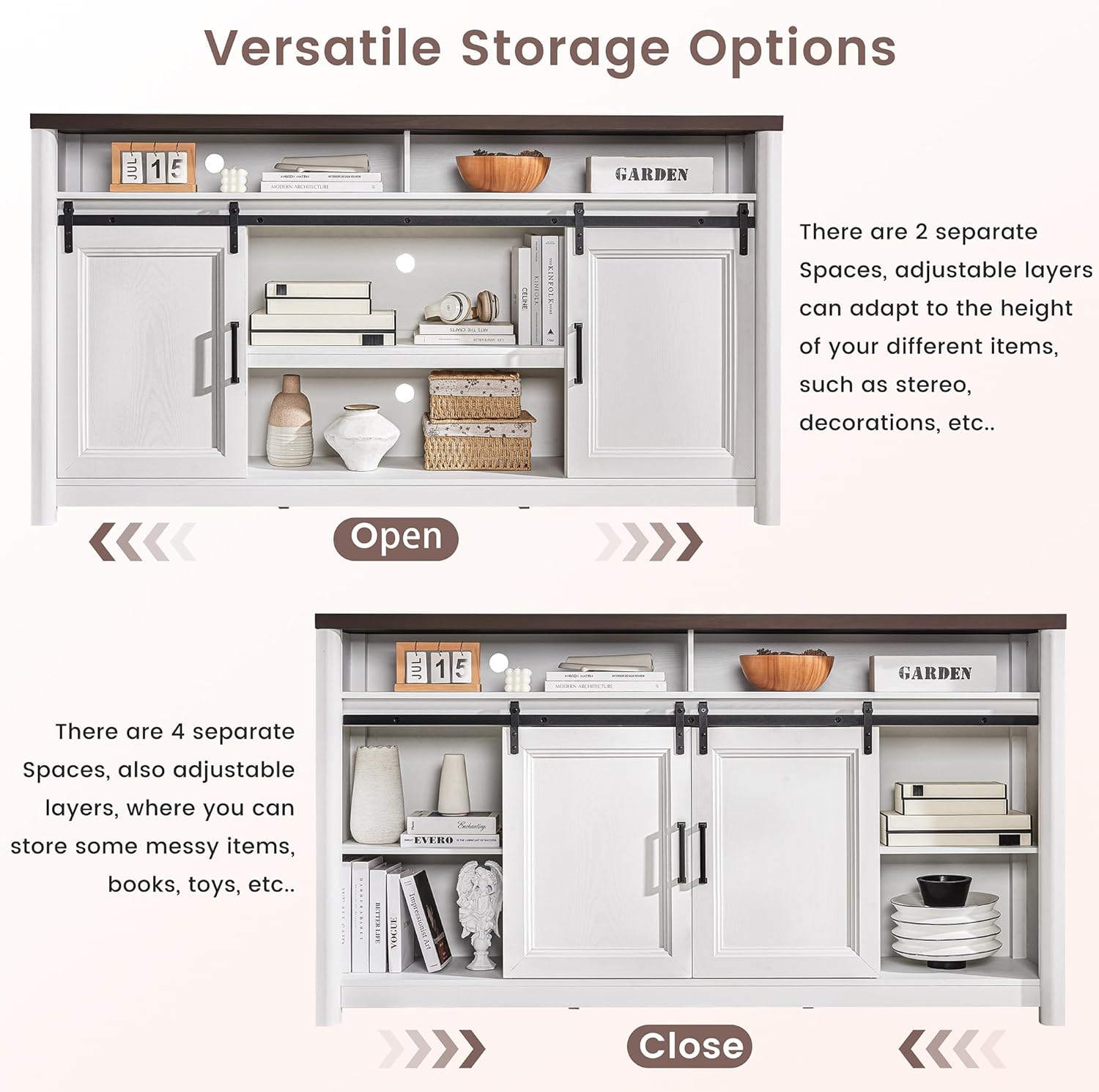 Rustic Farmhouse TV Stand for 80 Inch TVs, Large Entertainment Center with Storage, TV Console for Bedroom Living Room, Media Console Cabinet with Sliding Barn Doors, 70 Inch Wide, White & Walnut