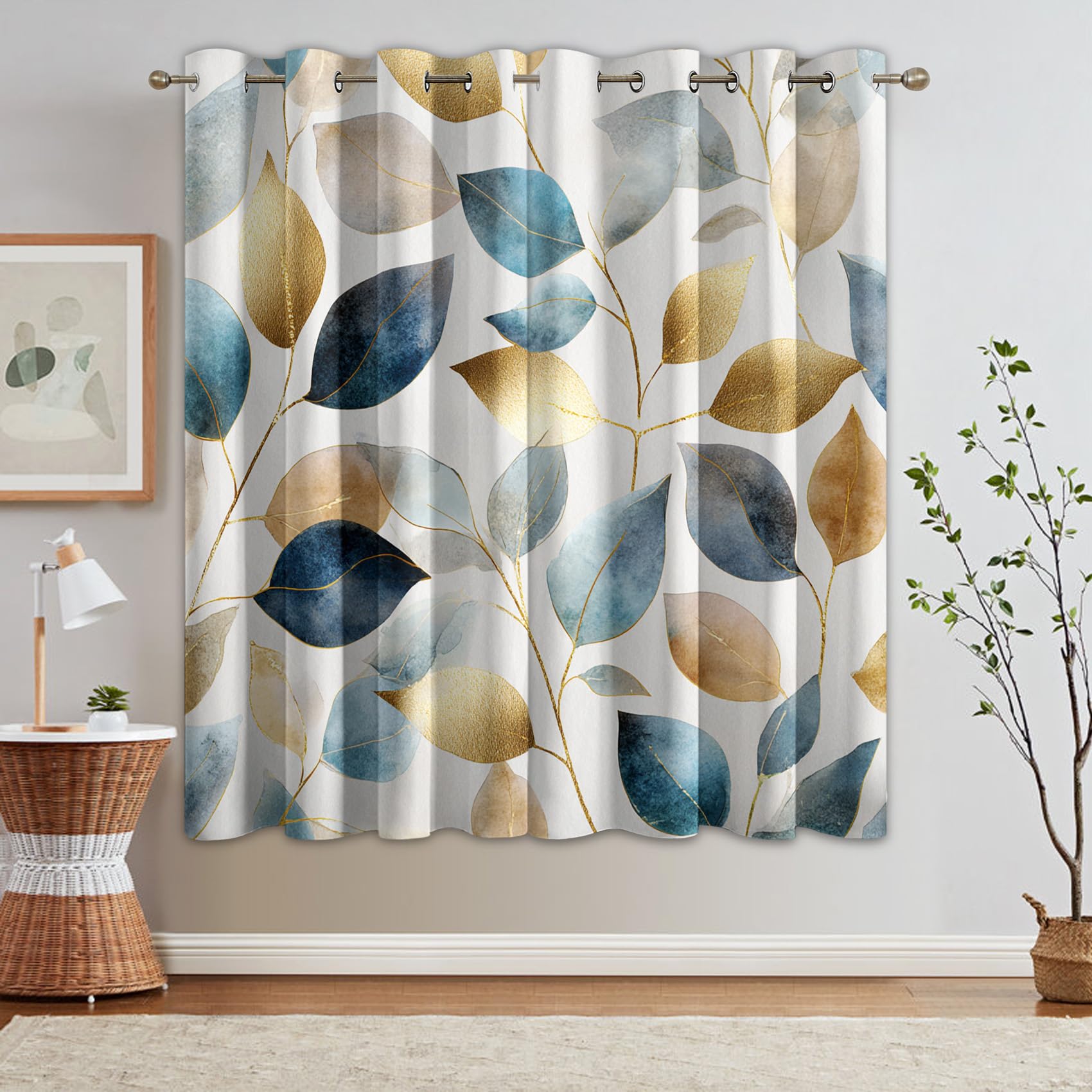 Generisch Blickdichte Vorhänge Blau Goldenes Blatt Muster, H 245 x B 140 2er Set - Moderne ästhetische Blätter Fenster Gardinen mit Ösen, 245 cm Lang Curtains Wohnzimmer Schlafzimmer Deko CG74