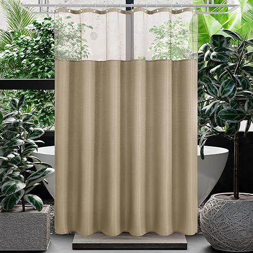 Gibelle Juego de cortina de ducha de tejido gofre con ventana superior de malla y ganchos, cortina de ducha de tela estilo spa para baño, color