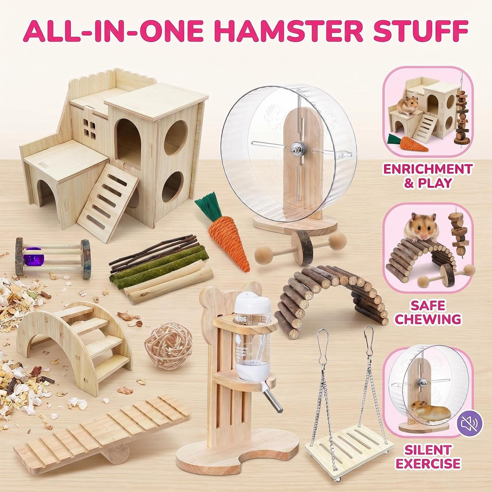 Juego de 26 accesorios para jaula de hámster, juguetes de cobayas, rueda silenciosa para hámster, juguetes para masticar ratas, casa de madera y botella de agua para cobayas, chinchillas, jerbos