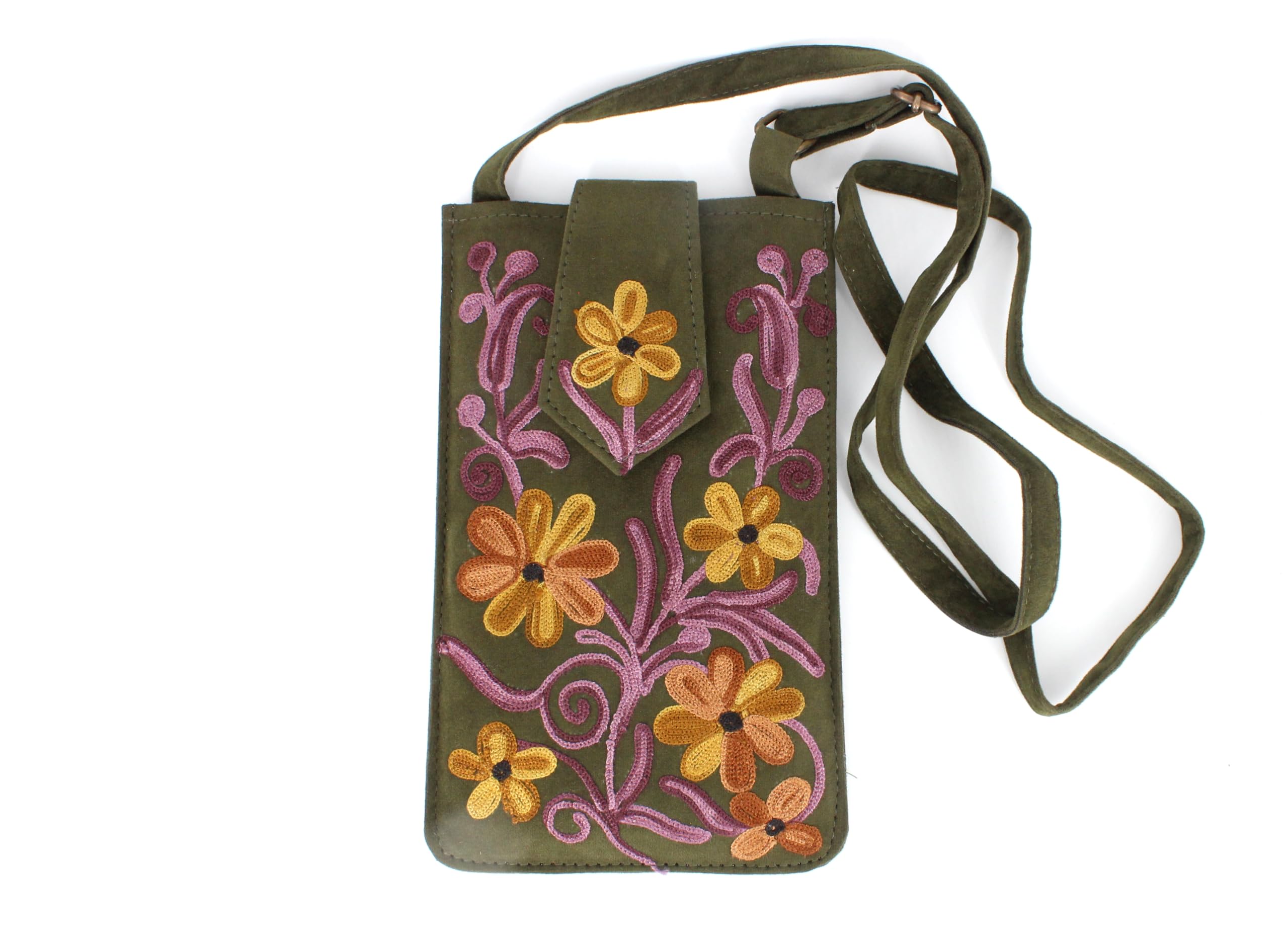Kashmiri Embroidered Mobile Phone Sling Pouch, Olive Green with Floral Design, Adjustable Strap-image-40
