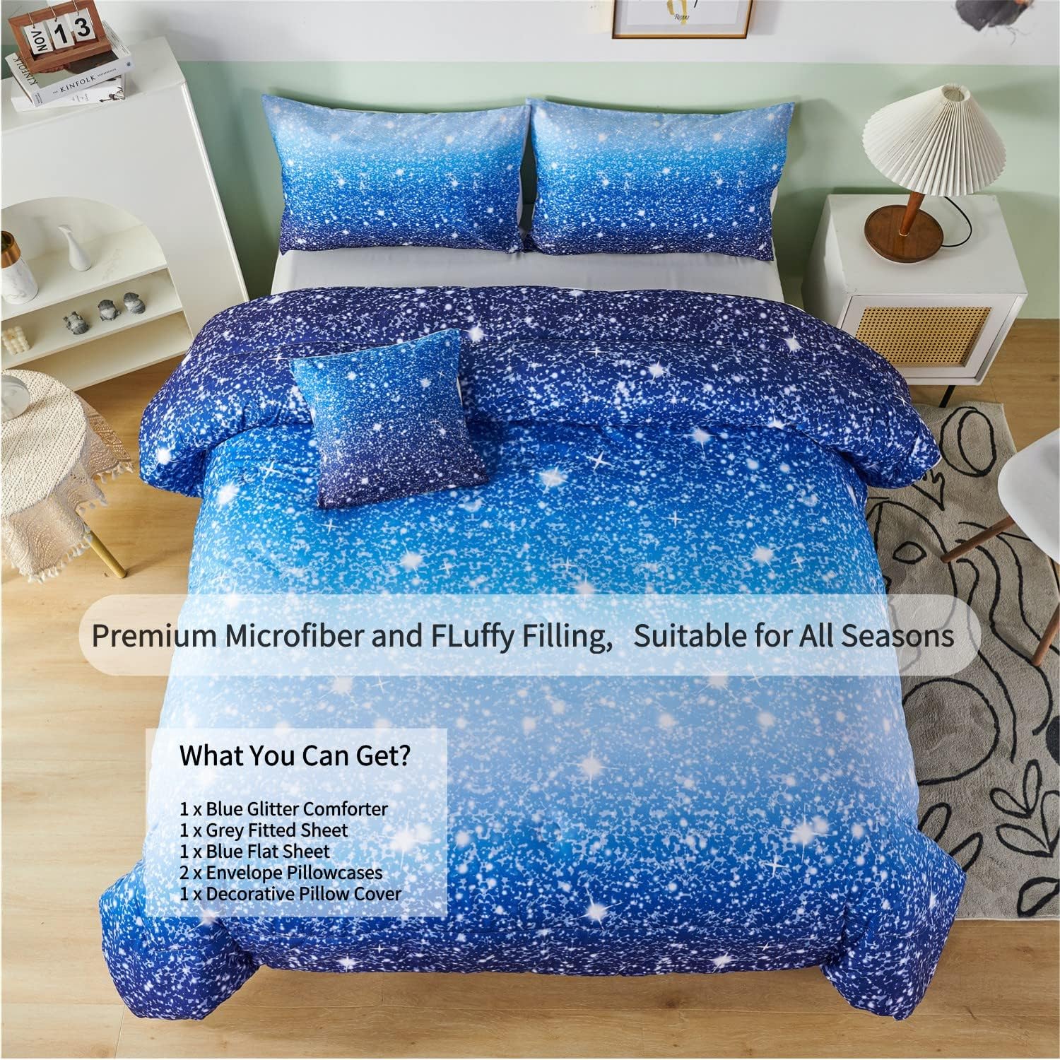 RYNGHIPY 6Pcs Gradient Aqua Blue Navy Ombre Comforter Sets with Sheets Pillowcases, Twin Size Sparkle Glitter Design Comforter Bedding Collections for Kids Boys and Girls - Image 2