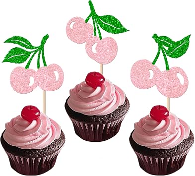 Rsstarxi 24 Pack Pink Cherry Cupcake Toppers Glitter Fruit Theme Cherry Cupcake Picks for Baby Shower Kids Birthday Party Cake Decorations Supplies