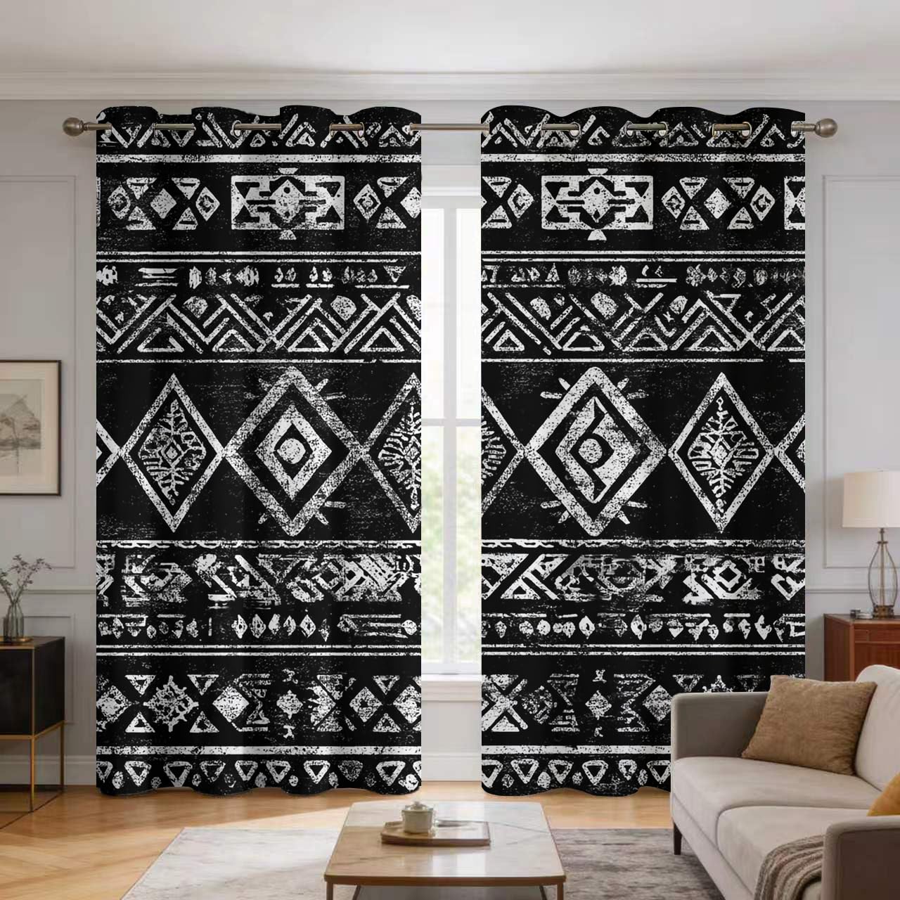Rideaux occultants imprimé aztèque noir blanc 140x260 cm | Lot de 2 panneaux géométriques
