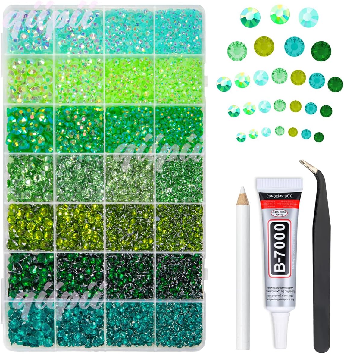 28 Types Green Jelly Resin Rhinestones w B7000 Jewelry Glue for Bedazzling Crafting 3-6mm Flatback Colorful Stones Gems Diamonds for Face Eyes Makeup DIY Crafts Tumblers Bottles Clothes Shoes