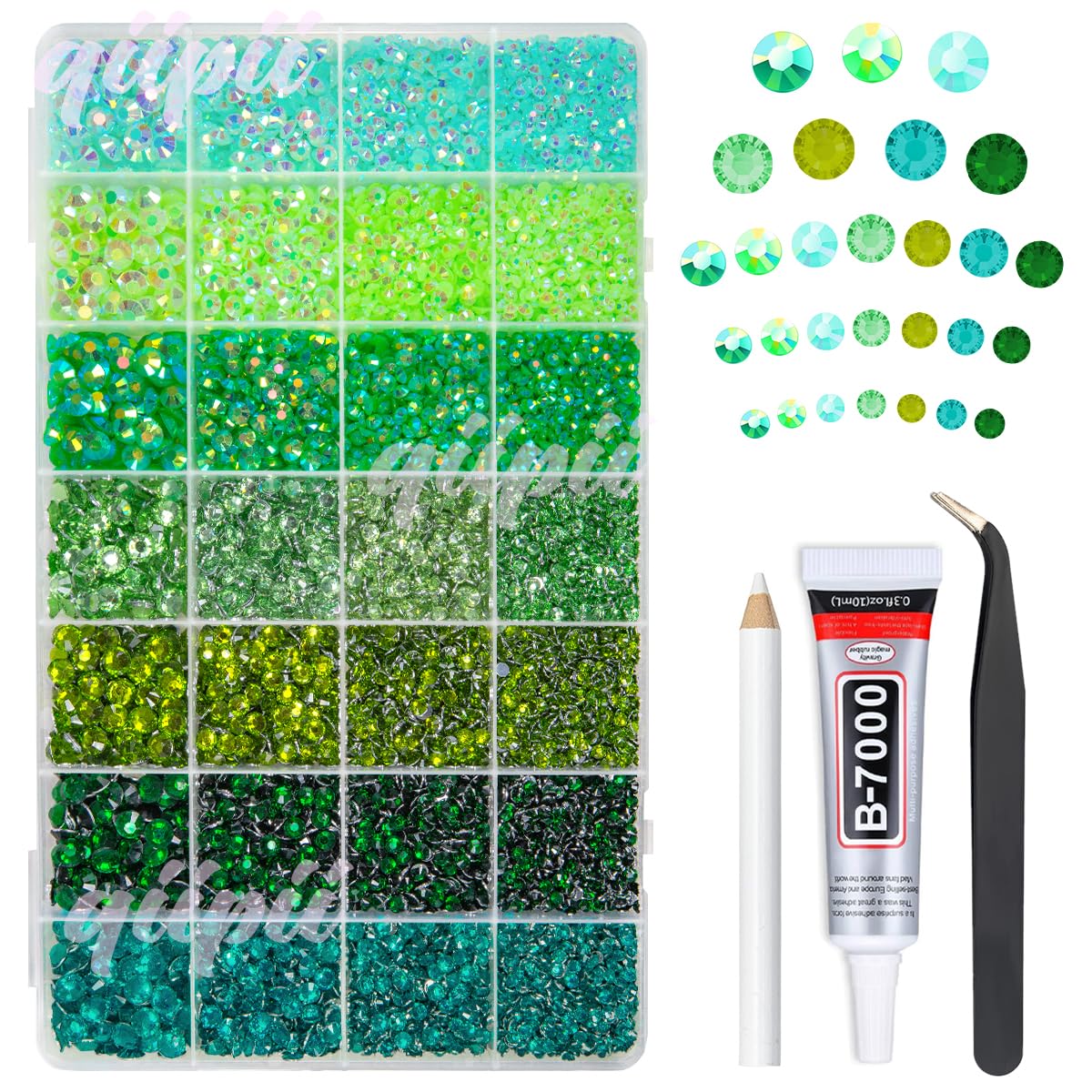 qiipii 28 Types Green Jelly Resin Rhinestones w B7000 Jewelry Glue for Bedazzling Crafting 3-6mm Flatback Colorful Stones Gems Diamonds for Face Eyes