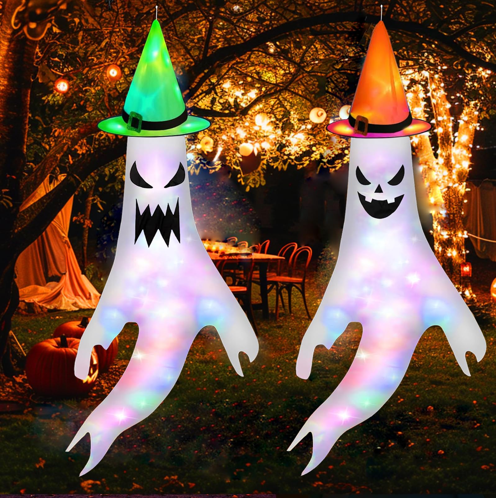 Ghost Windsocks - 2 szt. halloweenowe dekoracje ogrodowe ze światłem i kapeluszem czarownicy, wisząca flaga na podwórko do wewnątrz, patio, trawnik, nawiedzony dom, dekoracja na Halloween na zewnątrz