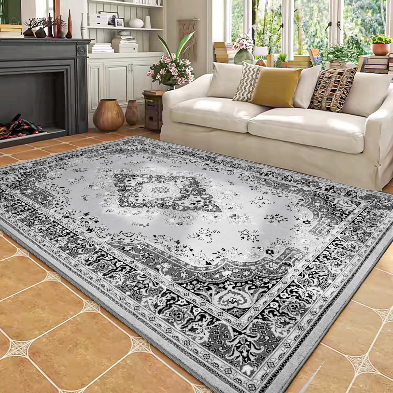 HOMORE Vintage Area Rug for Living Room, Machine Washable Rug Non Slip Low Pile Large Rug for Living Room, Bedroom, Farmhouse, Dining Room, 7x10 Feet, Grey