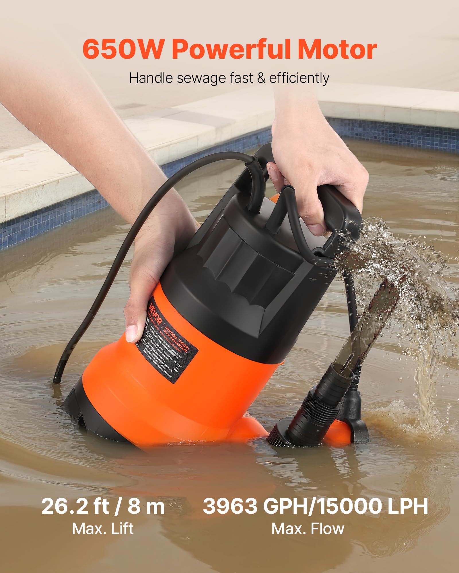 VEVOR Pompa zatapialna do studni 650 W, 15000 l/h, do brudnej i czystej wody z automatycznym przełącznikiem pływającym, długi kabel, maks. 8 m podnoszenia, do basenów, ogrodu