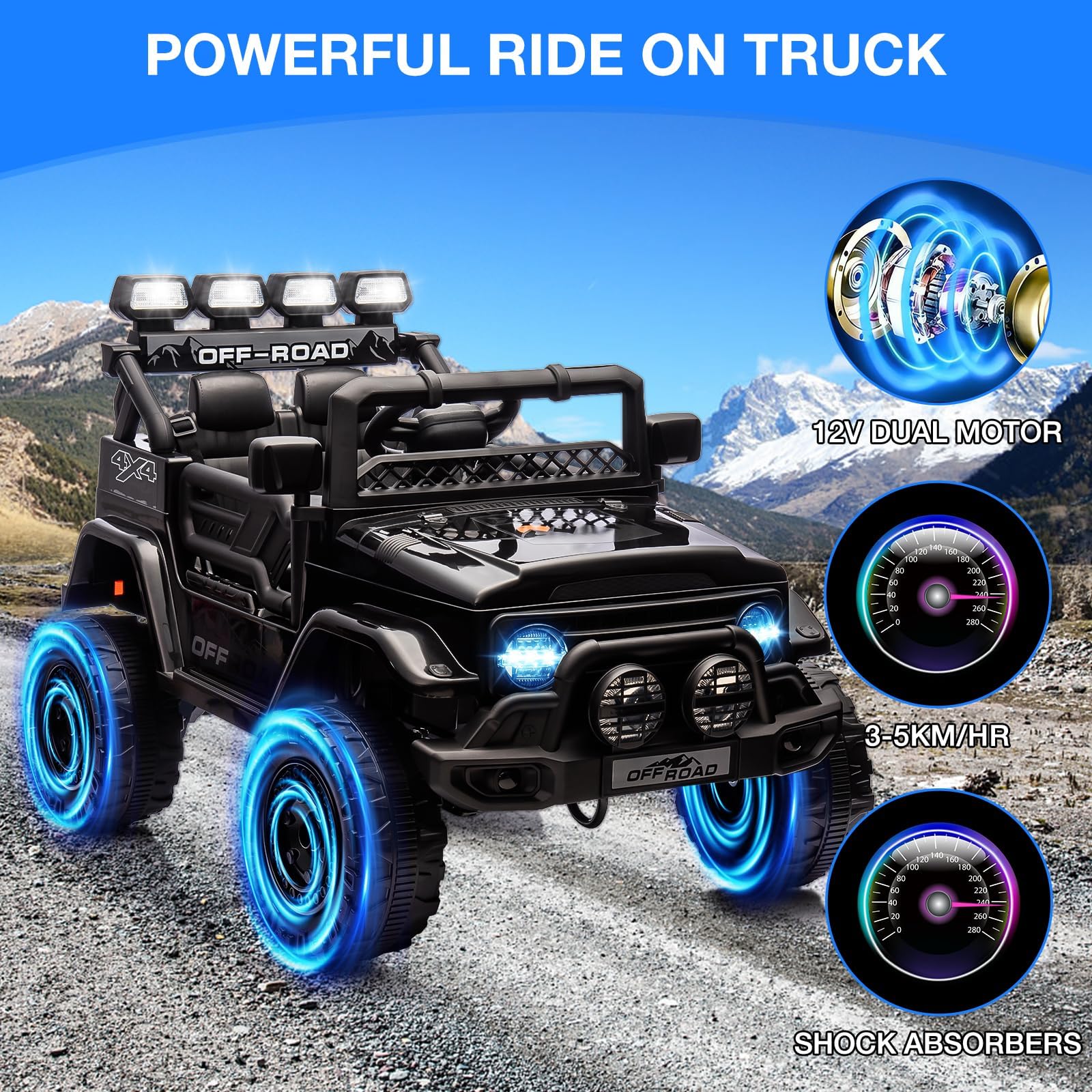 Zstar Coche Eléctrico Infantil de 12V, con Mando Remoto 2,4G Vehículo Jeep Off-Road con Mando Remoto, Lucas LED y Sonido, para Niños 3-6 Años, Regalo Juguete, Negro 102 × 66 × 65 cm