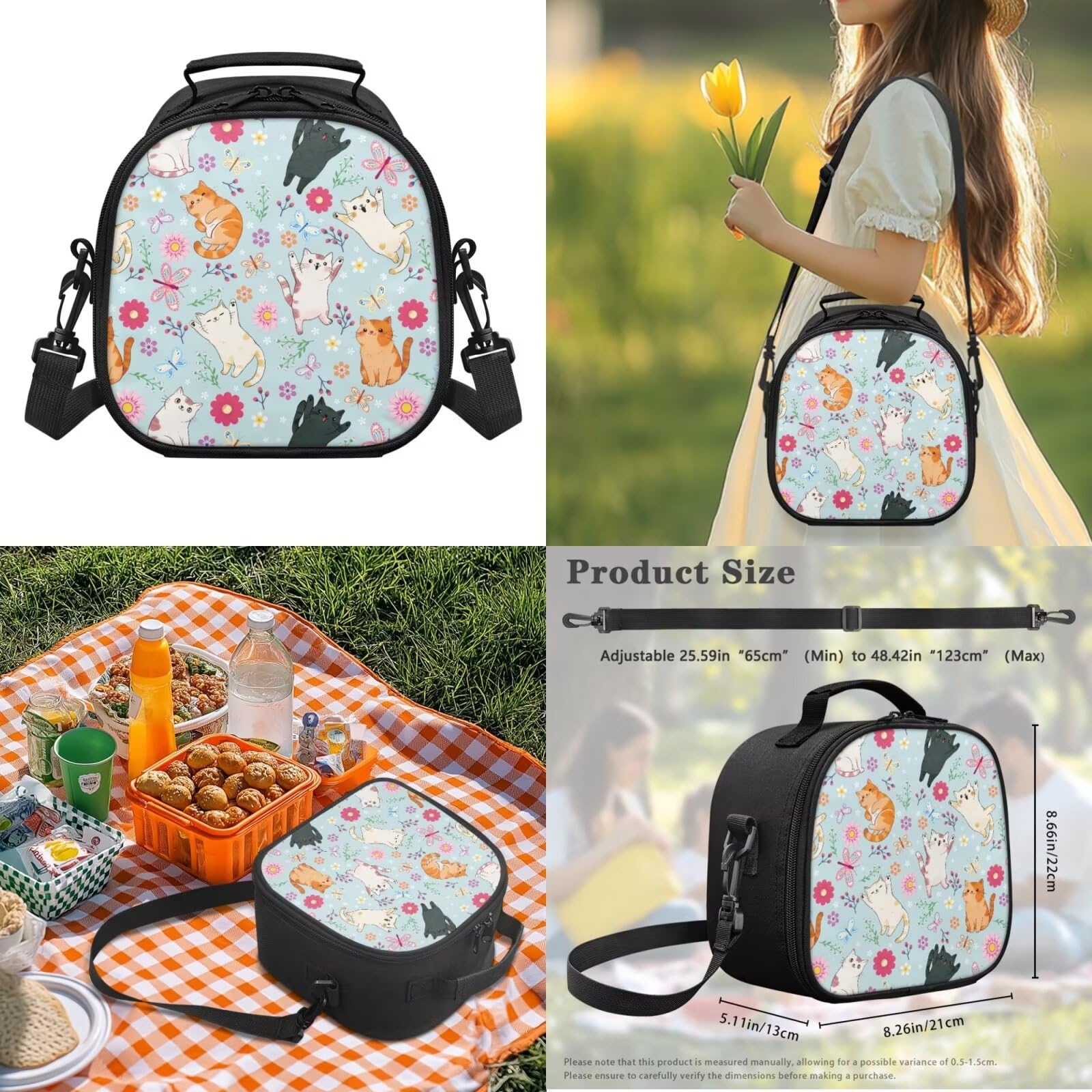 Kinder Rucksack Set 4-in-1 für Grundschule Mittelschule Schultasche mit Lunchbox Federmäppchen Wasserflasche Tasche für Mädchen Jungen, Hellblaue Katze mit Blumenmuster, Rucksack Backpacks