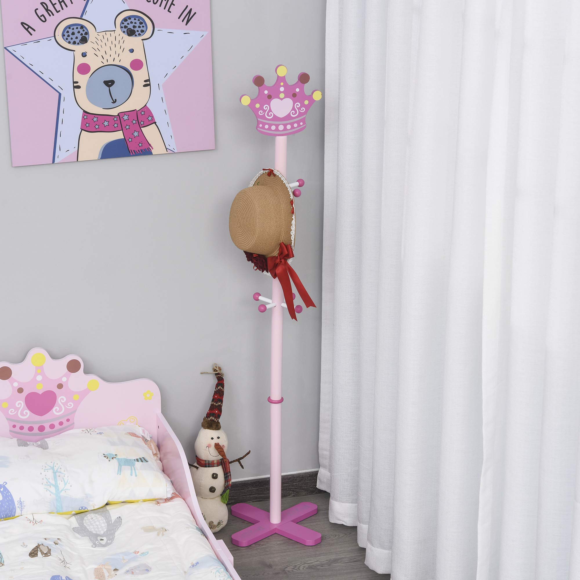 HOMCOM Appendiabiti da Terra in Legno Rosa con 8 Ganci a Forma di Corona 35x35x142cm