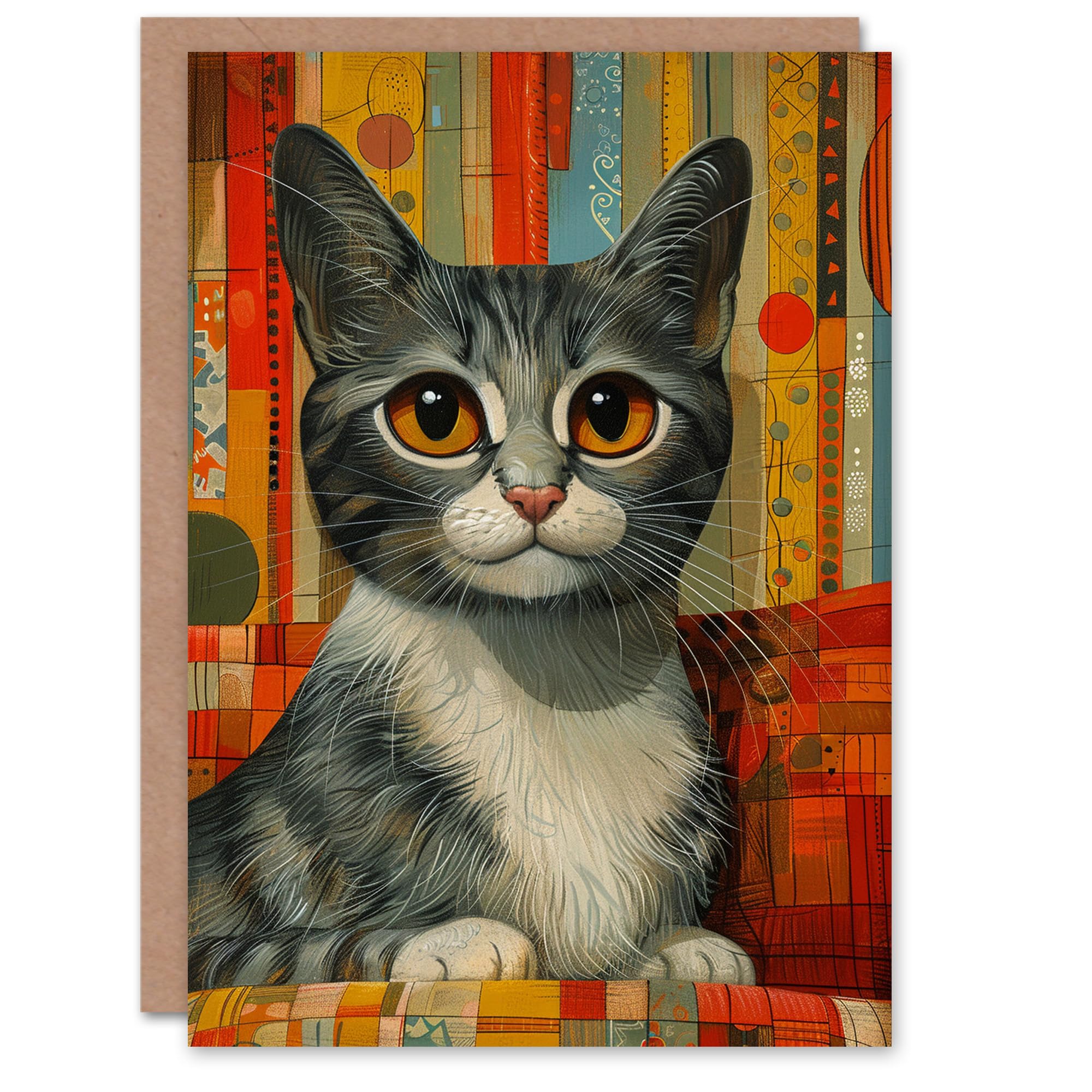 Artery8 Birthday Card Midcentury Grey Cat Portrait Retro Patchwork Cute Animal For Him Her Man Woman Girl Boy Wife Husband Greeting Card