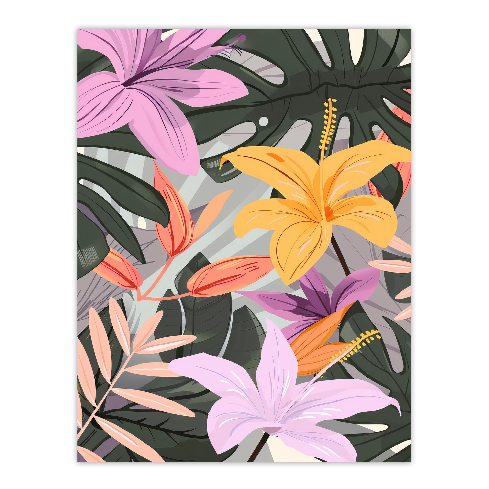 Artery8 Tropical Exotic Colourful Lilies Monstera Design Living Room Large Wall Art Poster Print Thick Paper 18X24 Inch