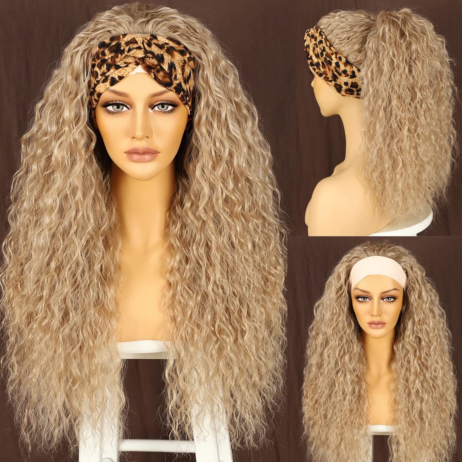 LLEI'Z Ash Blonde Deep Curly Headband Wig, Synthetic Long Glueless Headband Wigs for Black Women Natural Looking Wig Heat Resistant 150% Density 26 Inch
