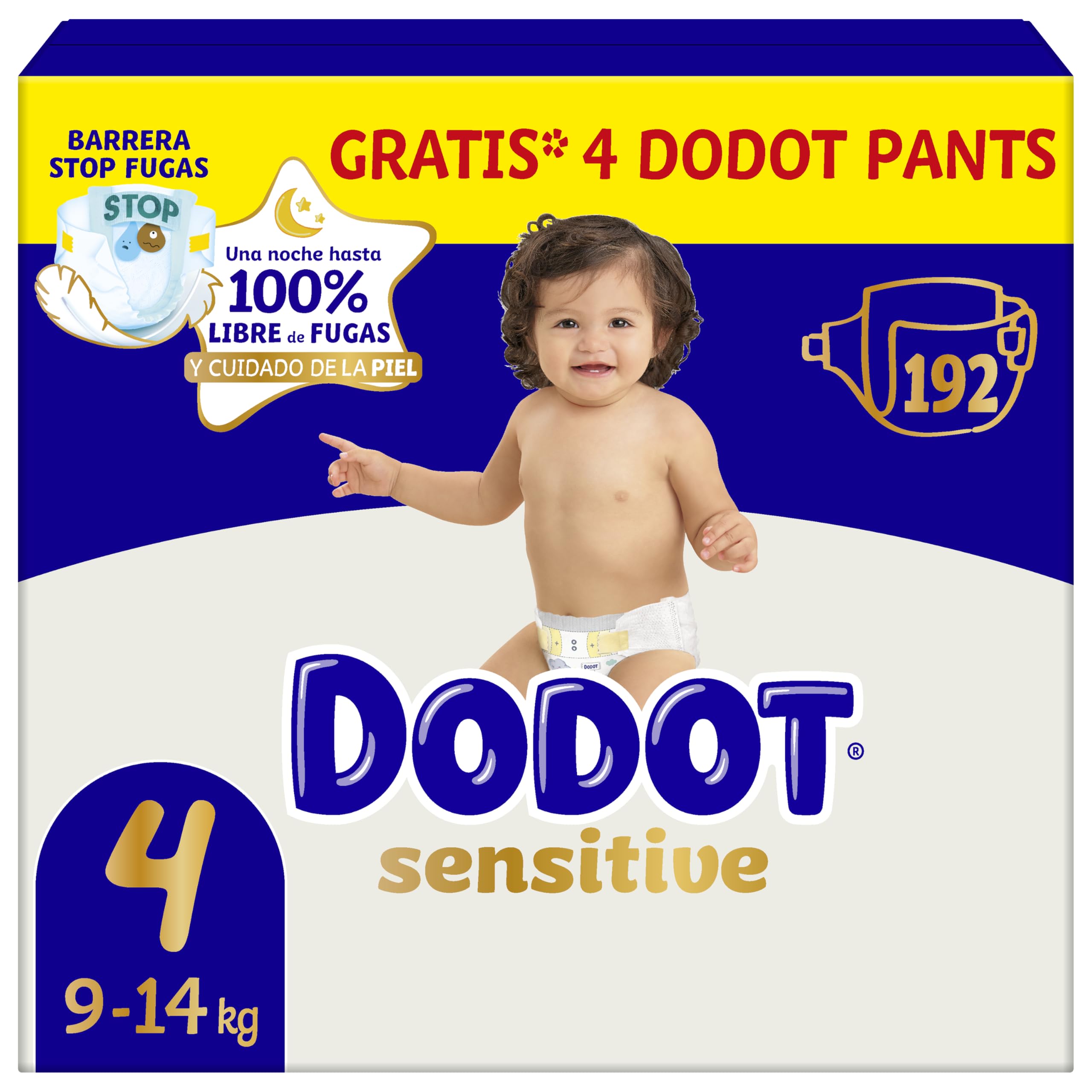 Dodot Fraldas Bebé Sensitive, Tamanho 4 (9-14 kg), 192 Fraldas + 4 Cuecas de Oferta, Até 12 h de Proteção Antivazamento e Cuidado da Pele, Pacote Mensal