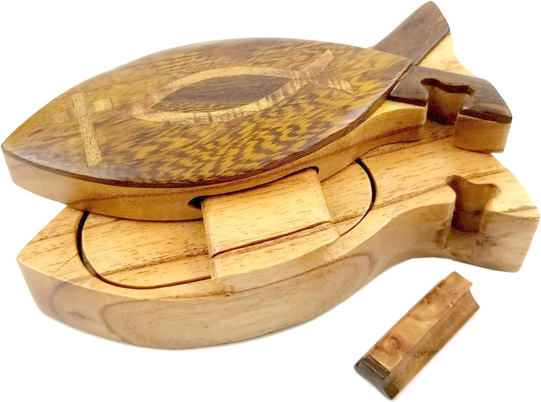 Christian Fish All Natural Exotic Woods Puzzle Box, 6 x 2.5 x 2 with Sliding Wooden Key Lock, Sliding Cover and Inner Lid to Hidden Compartment. Hand-made Wood Onlay Design on Lid.