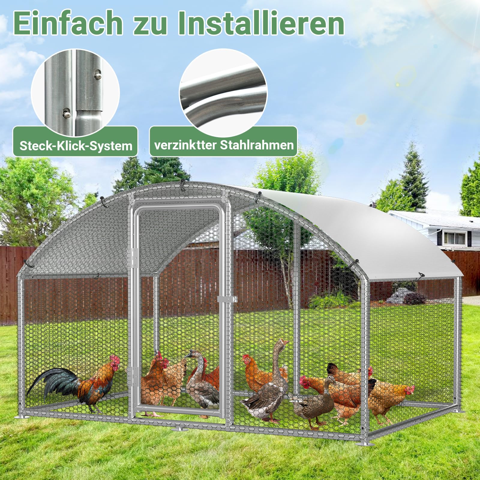 Gallinero 3x2x2m Gallinero para Gallinas Jaula para Aves Pequeños Animales Recinto Exterior con Techo Arqueado de PE y Estructura de Acero Galvanizado