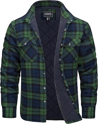 CRYSULLY Mens Flannel Shirt Jacket Cotton Quilted Lined Button Down Plaid Shirt Winter Warm Heavyweight Shackets