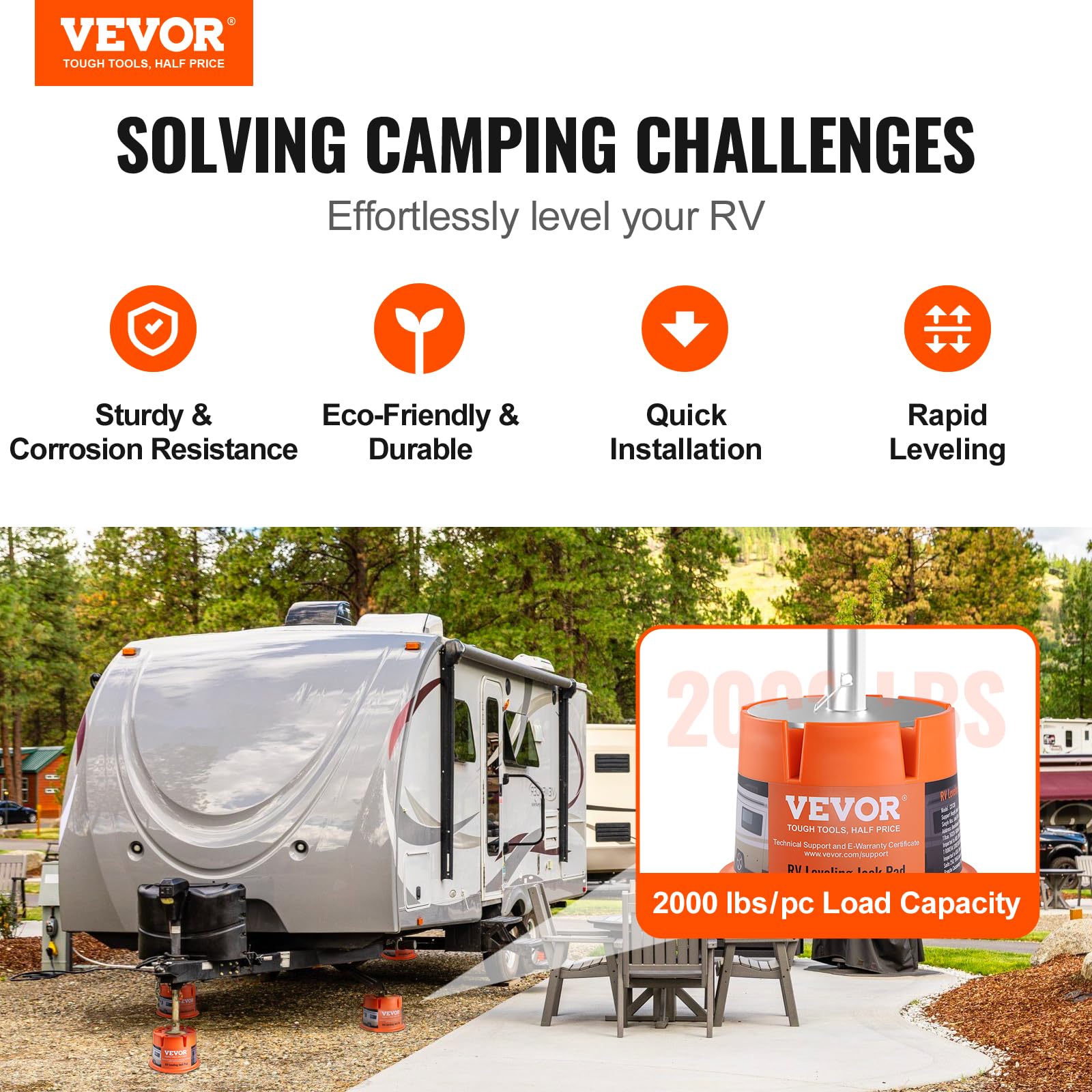 VEVOR Lot de 2 Blocs de Cric de Caravane, Capacité 0,9 T/PCs, Bloc de Nivellement pour Camping-Car, Blocs Stabilisateurs en Polypropylène, Accessoires de Voyage pour n'importe Quel Cric à Sellette
