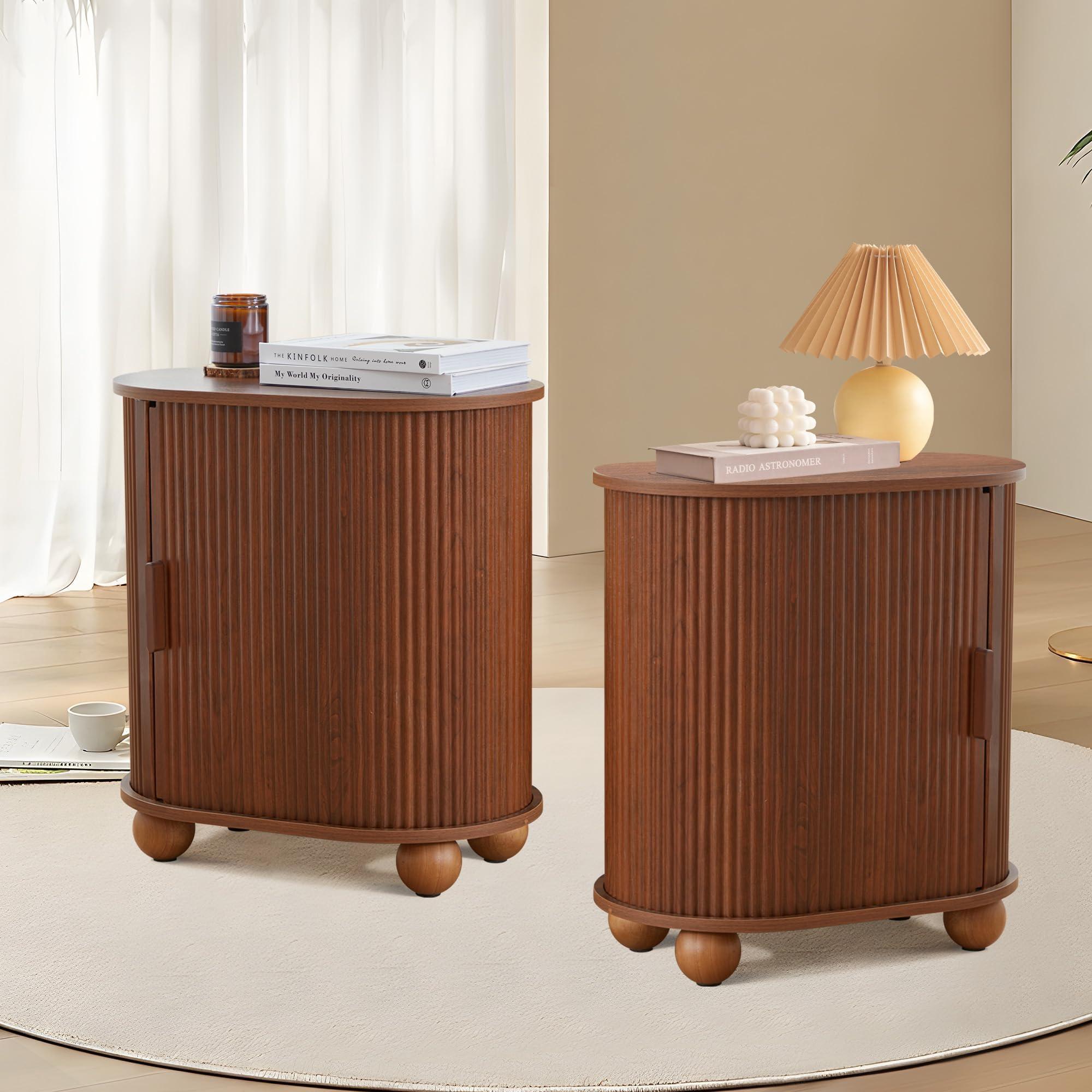 End Table, Side Table with Storage Space and Sliding Door, Bedside Table Accent Cabinet for Living Room, Bedroom, Entryway, Hallway (2-Packs) (Walnut)