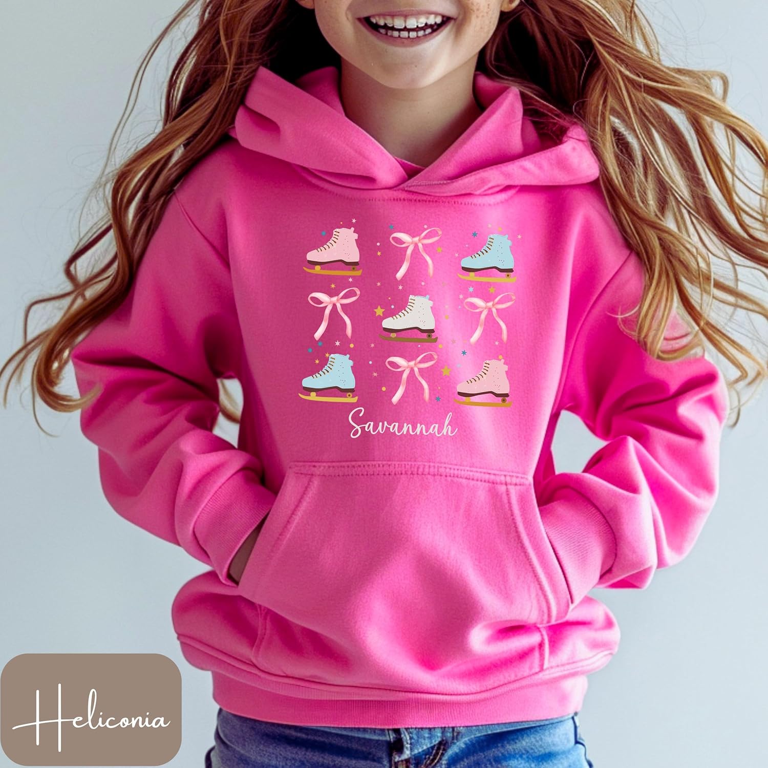 Personalized Ice Skating Hoodie for Girls, Custom Name Hooded Sweatshirt with Figure Skates and Bows, Youth Ice Skater Gift, Figure Skating Shirt with Ribbons, Kids Winter Sports Apparel