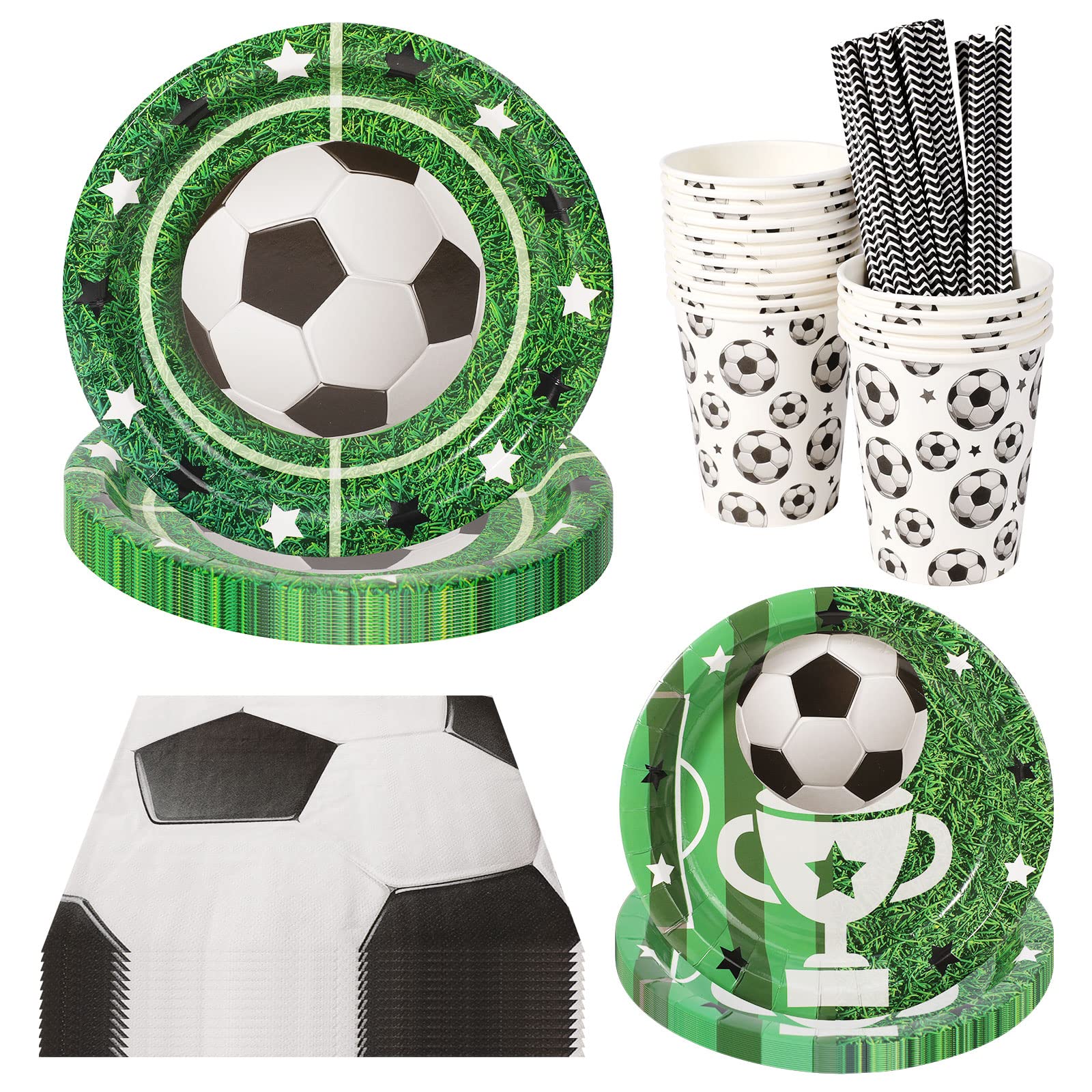 Amycute Calcio Stoviglie per Feste, Forniture per Feste di Calcio Piatti Carta, Tovaglioli, Tazza, Tovaglia, Scatola di Popcorn Tema Calcio Feste di