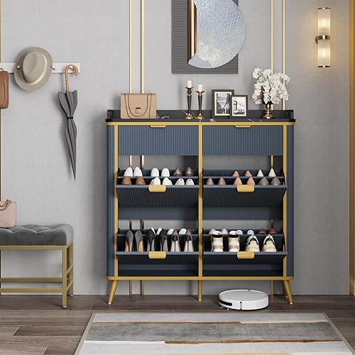 Miniatura 5 de Armario de almacenamiento de zapatos estriado con 4 cajones abatibles y 2 cajones, organizador de zapatos oculto independiente con estantes