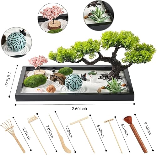 Miniatura 2 de Kit de jardín zen para decoración de escritorio, hermoso juego de caja de jardín de arena japonesa japonesa para el hogar, oficina con bandeja de