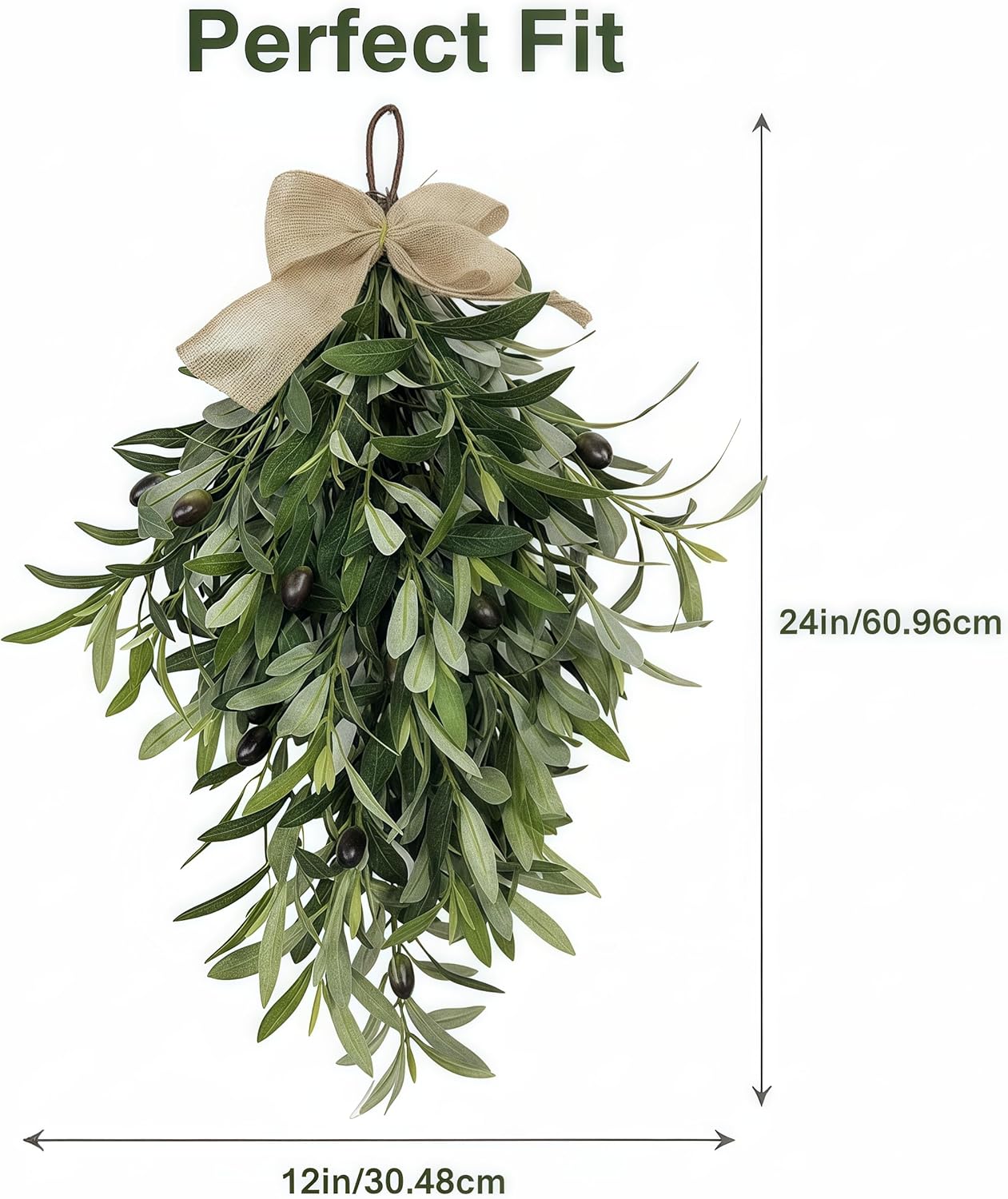 2026 Spring Olive Branch Teardrop Swag 24 Inch, Extra Full & Thick Faux Greenery with Upgraded Ribbon & Textured Leaves, Sturdy Farmhouse Hanging Wreath for Door, Wedding Arch, Kitchen (Green 2Pcs)
