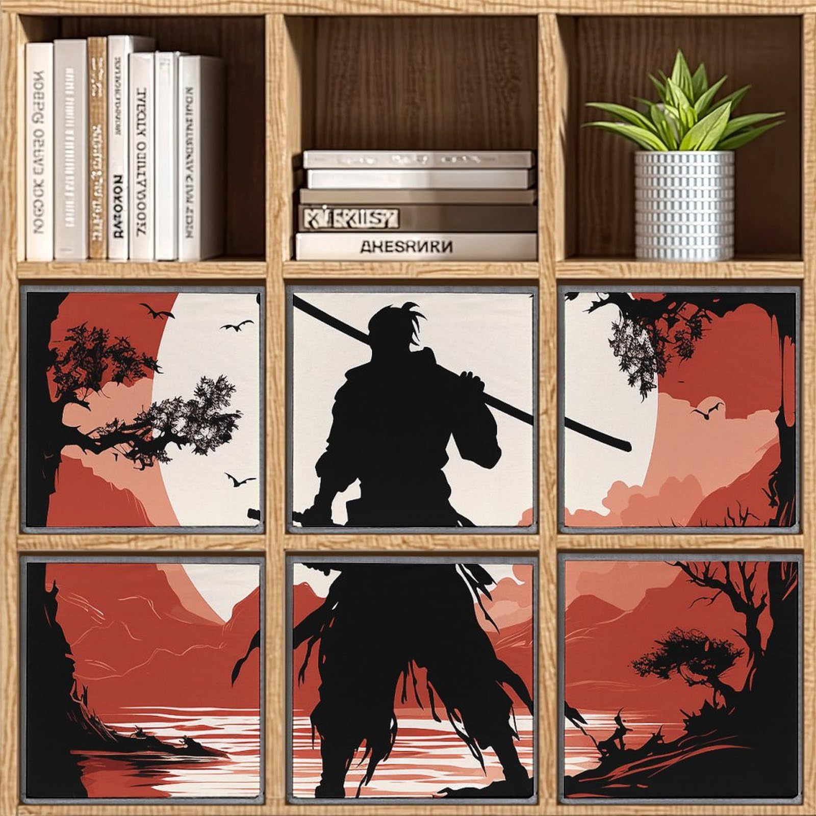 6er-Pack Aufbewahrungsboxen, 27,9 cm, Samurai-bedruckte Würfel-Aufbewahrungsbox, faltbarer Stoff-Aufbewahrungskorb mit Griffen für die Organisation zu Hause, geeignet für Kleiderschrank