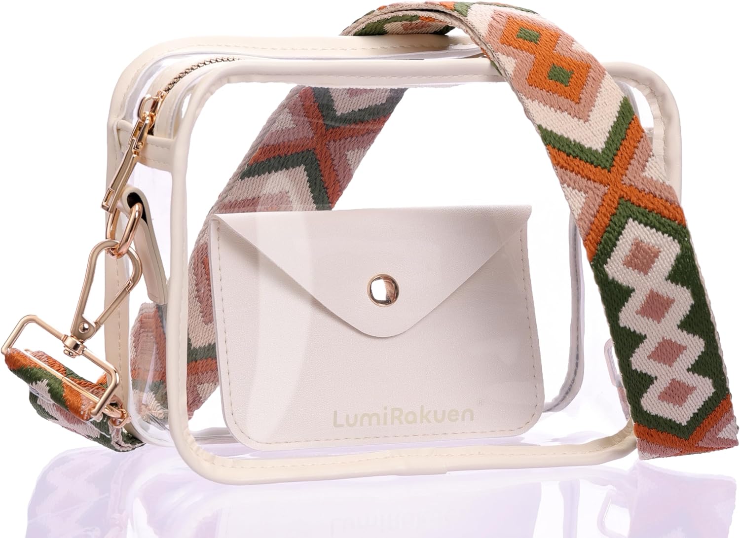 Clear Crossbody Purse Stadium Approved, 3-in-1 Small Bag with Guitar Strap & Pouch, Fits 12x6x12 Policy Concerts | For 12x6x12 Venues, Extra Privacy Pouch, Adjustable 27" - 51", Soft Woven Texture, Vegan Leather Trim, Thick 0.8mm Material