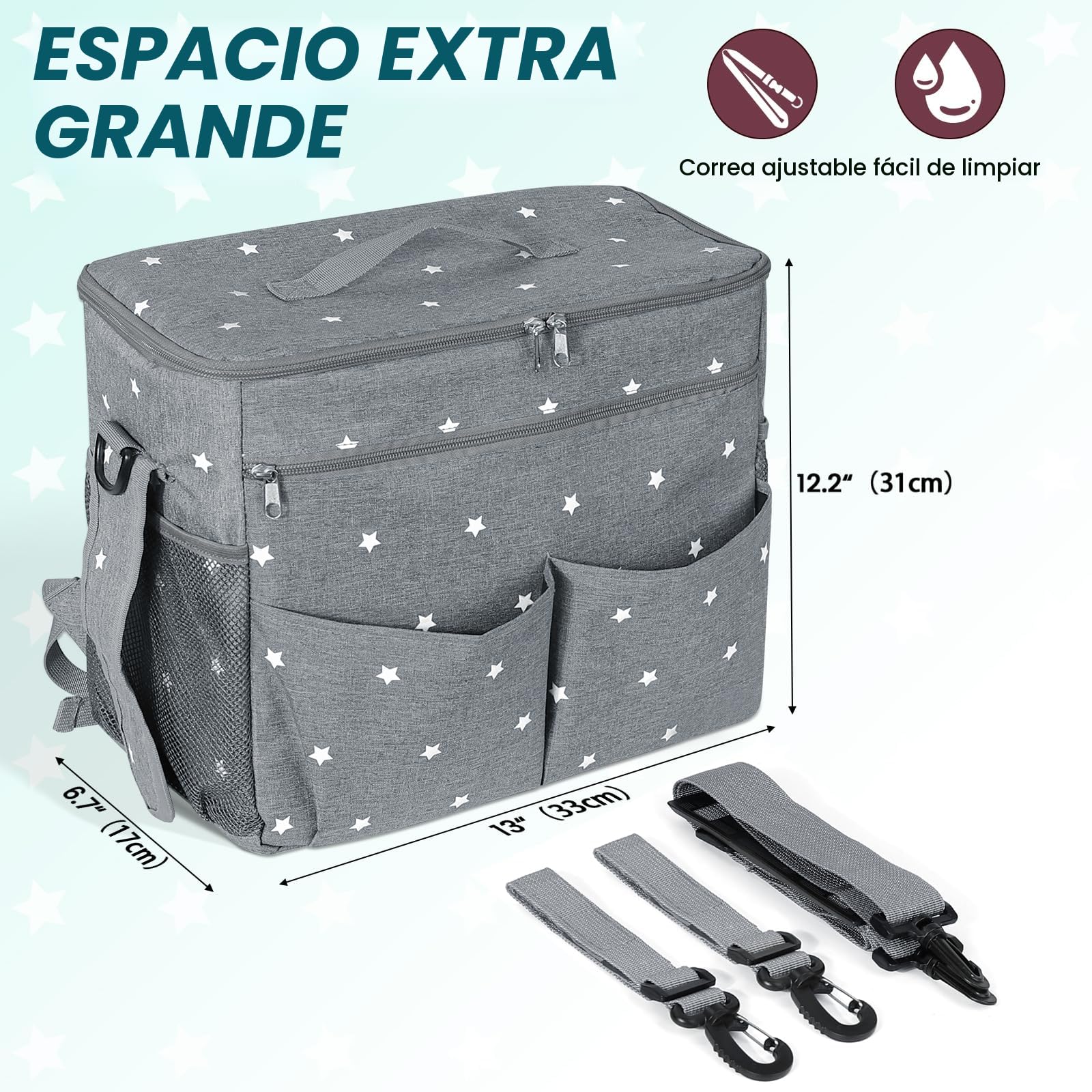 Orzbow Grande Bolso Carro Bebe,Impermeable Bolso Carrito Bebe con Portavasos,Multifuncional Organizador Carro Bebe con Divisor Extraíble,Forro Aislante y 22L Capacidad,2 Ganchos y 1 Bandolera (Gris)
