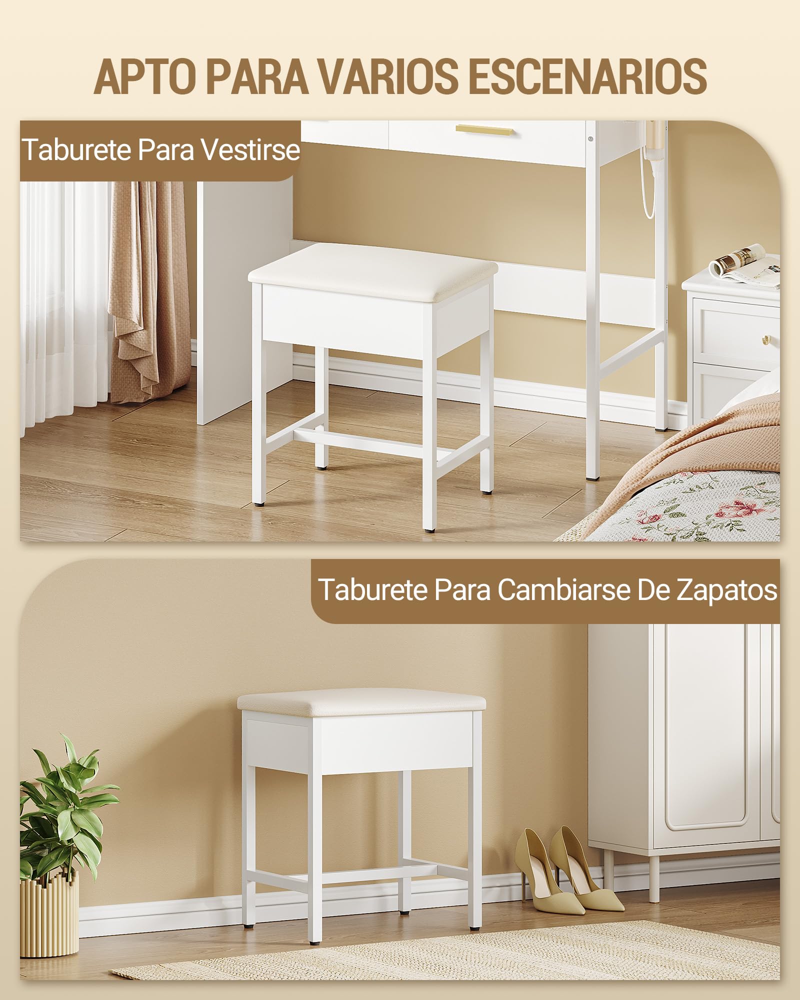 Hzuaneri Taburete Tocador, Taburete de Maquillaje Tapizado, Reposapiés para Sala de Estar, para Vestidor, Dormitorio, Entrada, 30 x 40 x 46 cm, Blanco VS32503X