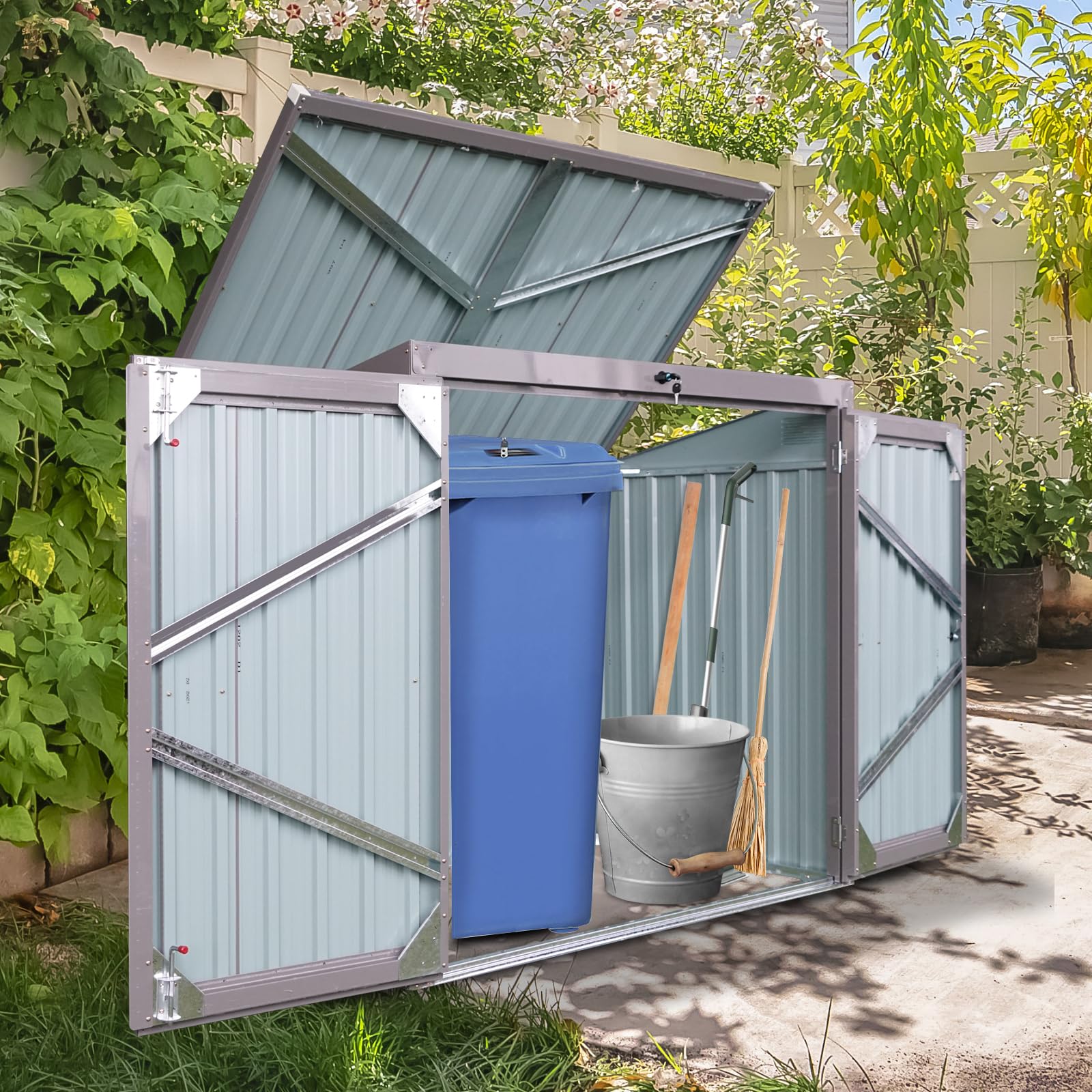 KEIKI Outdoor Trash Can Storage Shed – Lockable Metal Enclosure For 3 Bins, Galvanized Steel, With Hydraulic Lid