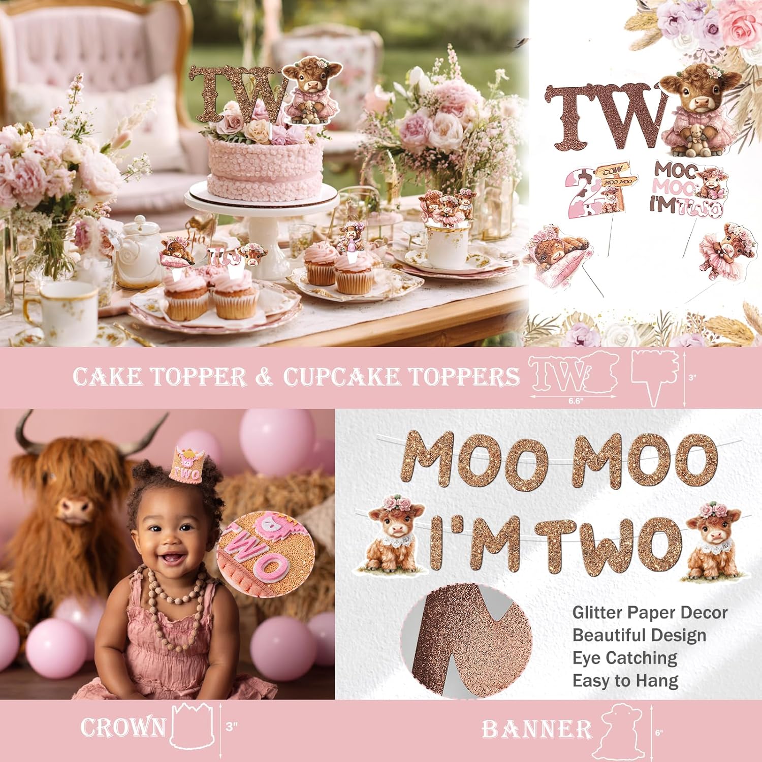Moo Moo I’m Two Birthday Party Decorations, 124 Pcs – Highland Cow 2nd Party Supplies with Backdrop, Balloon Garland, Cake Topper, Boxes for Girls Boho Cow Themed 2 Year Old Birthday