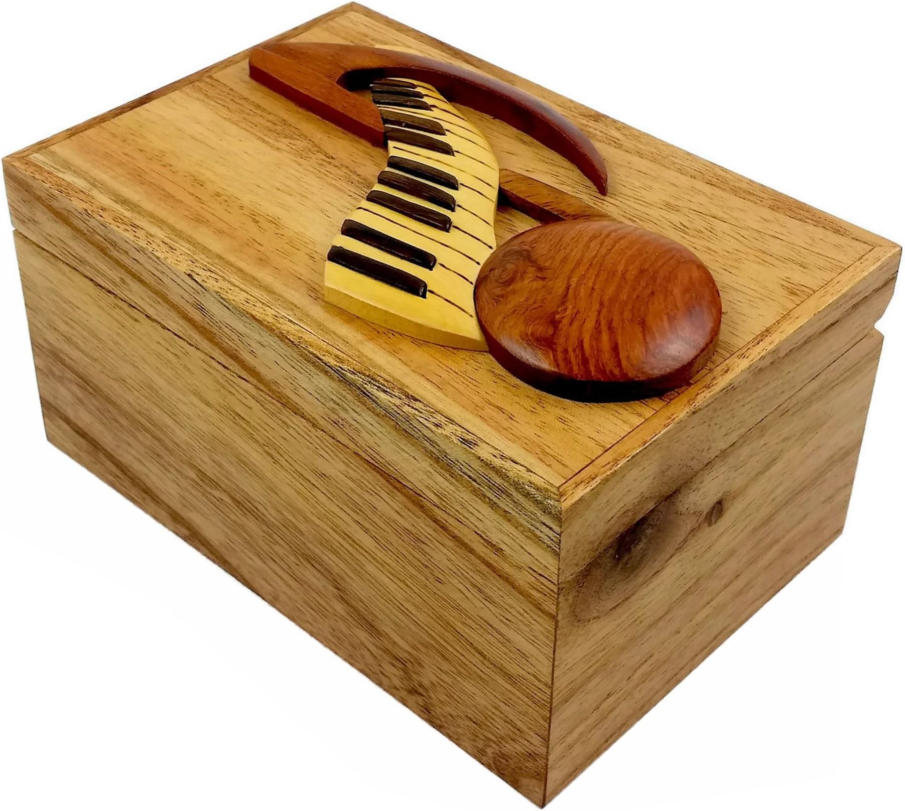 Music Note and Keyboard, 6 x 4 x 3.25, All Natural Exotic Woods Jewelry and Storage Box with Brass Hinged Lid. Hand-Made Wood Onlay Design on Lid.