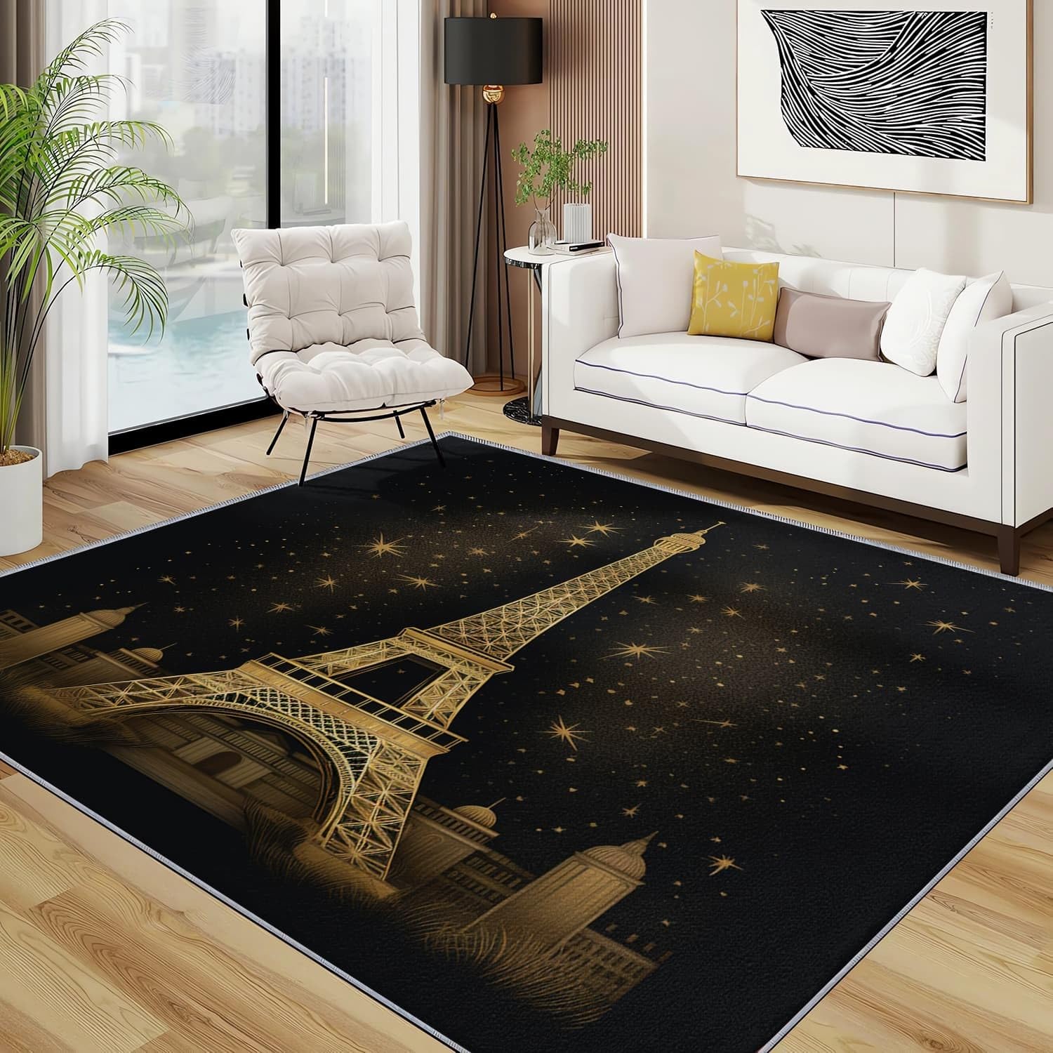 Generisch Dywan do pokoju dziecięcego, 80 x 150 cm, wieża Eiffla, złota architektura, antypoślizgowy, do salonu, prostokątny, czarny, do sypialni, nadaje się do prania, flanelowy dywan z krótkim