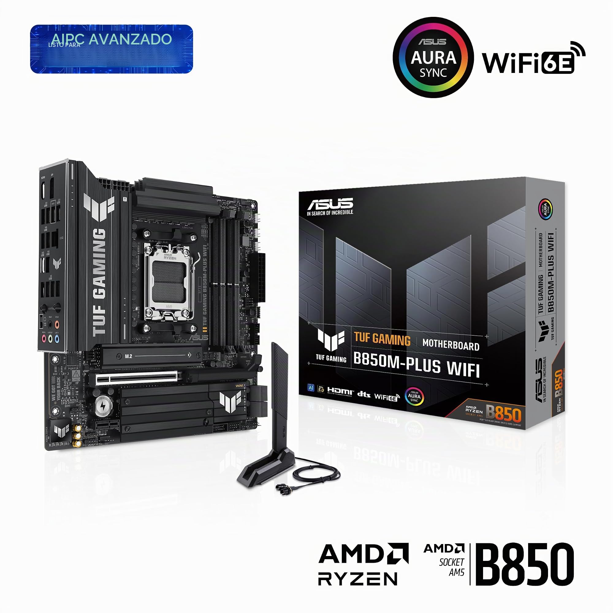ASUS TUF Gaming B850M-PLUS - Placa base WiFi AMD AM5 B850 mATX, 14+2+1 80A DrMOS, DDR5, PCIe 5.0, 3X M.2, Wi-Fi 6E, LAN de 2.5 Gb, DP, HDMI, USB 10Gbps y 20Gbps Type-C, BIOS Flashback, Aura Sync